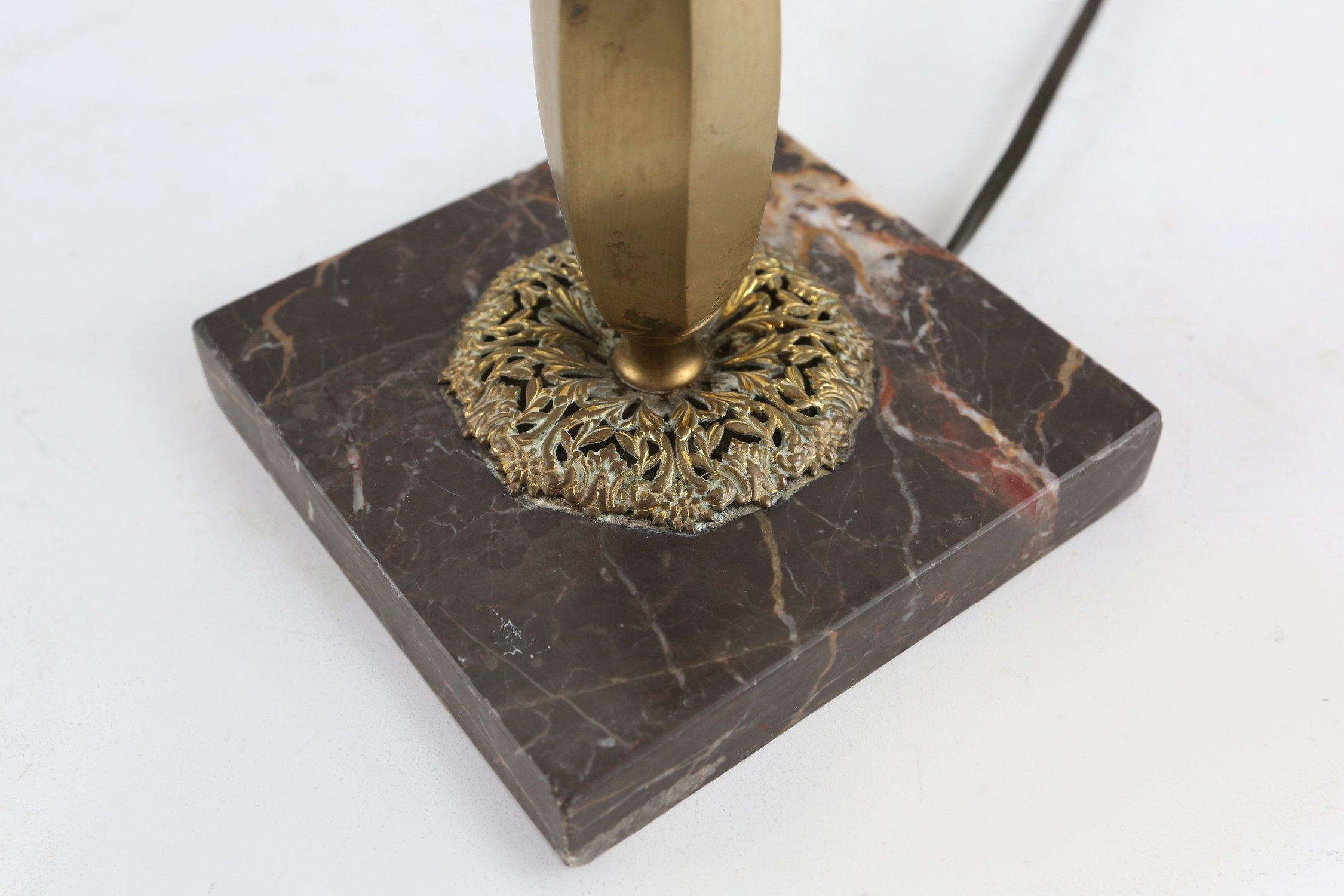 20th Century Art Nouveau Table Lamp with brass and marble base and glass shade, 1920s For Sale