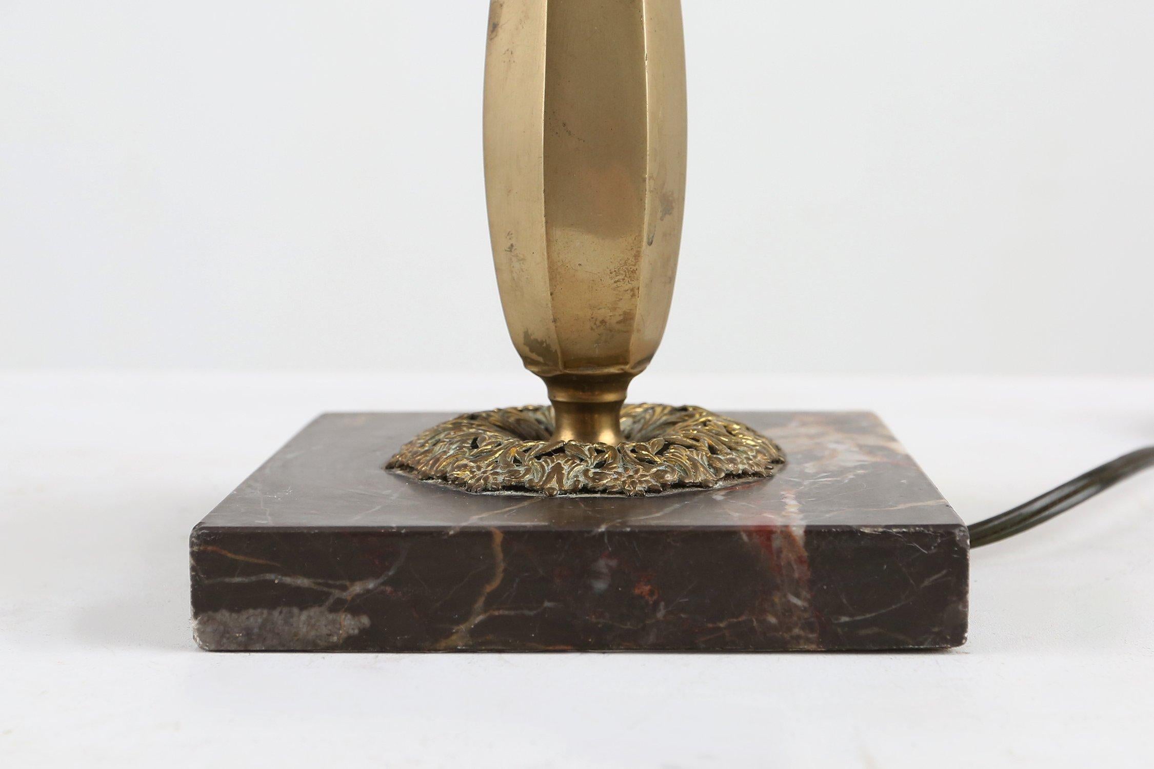 Brass Art Nouveau Table Lamp with brass and marble base and glass shade, 1920s For Sale