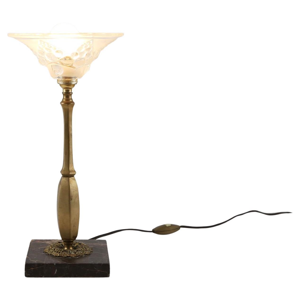 Art Nouveau Table Lamp with brass and marble base and glass shade, 1920s
