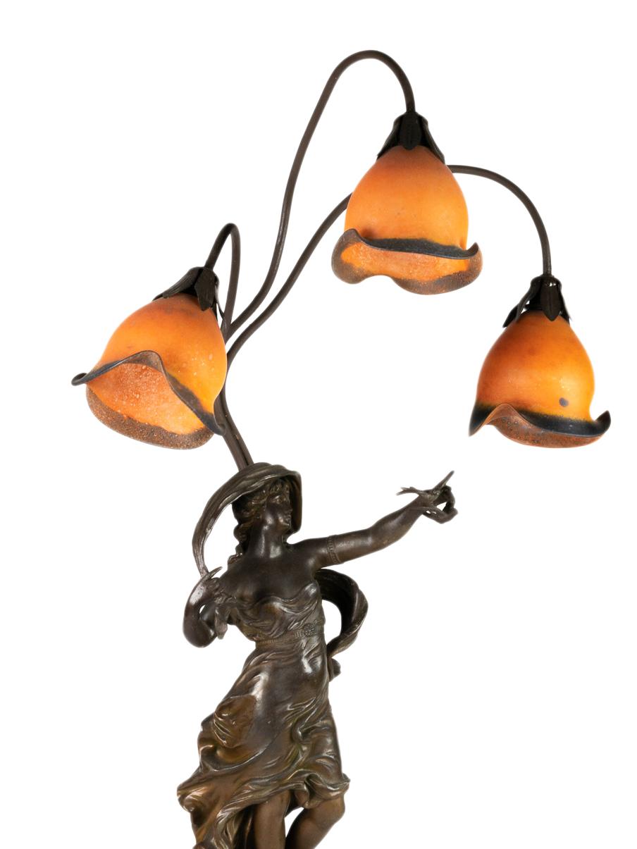French Art Nouveau Table Lamp With Cameo Tulips, 20th Century For Sale