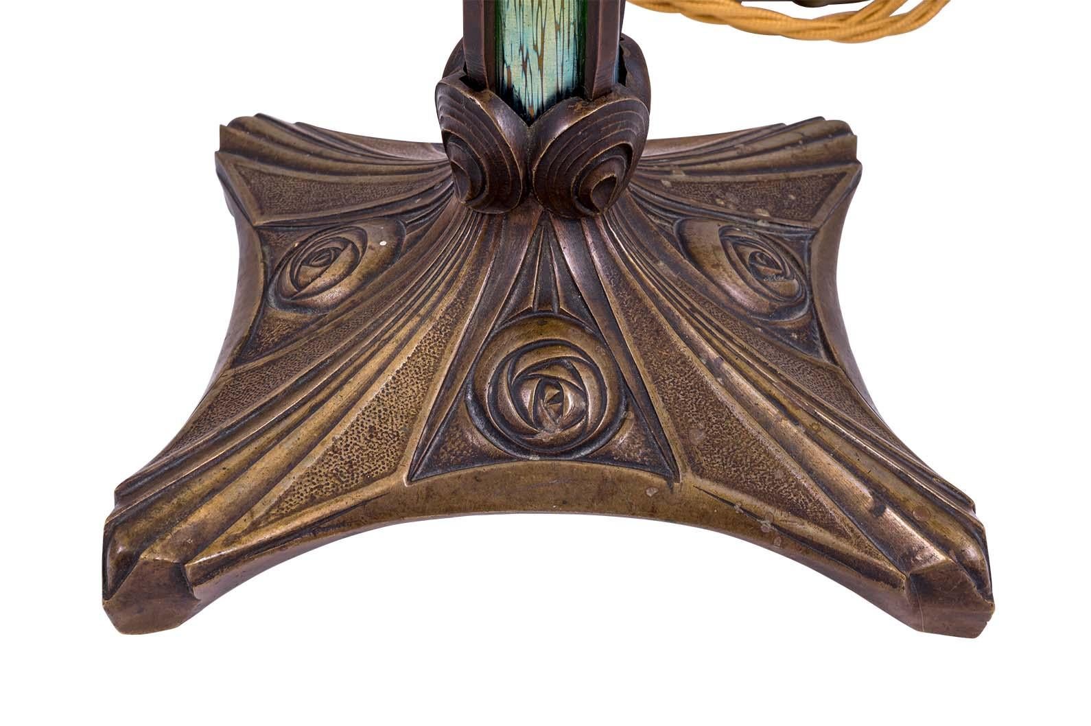 Cast Art Nouveau Table Lamp with Loetz Glass Inlays Bronze Glasgow Rose Functional