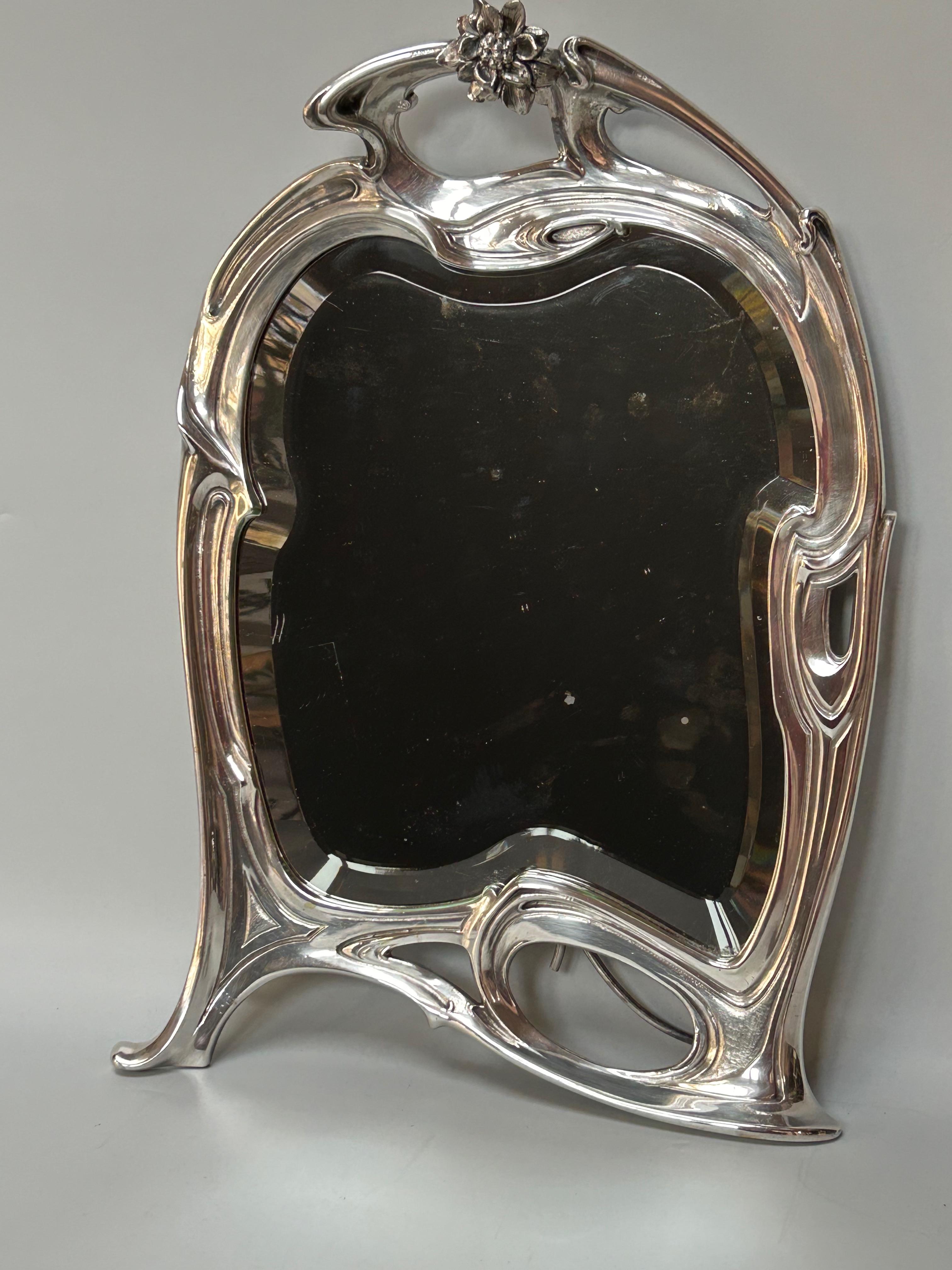 French Art Nouveau Table Mirror In Silver Bronze For Sale
