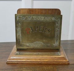 Art Nouveau Table Top Brass and Oak News Paper Rack