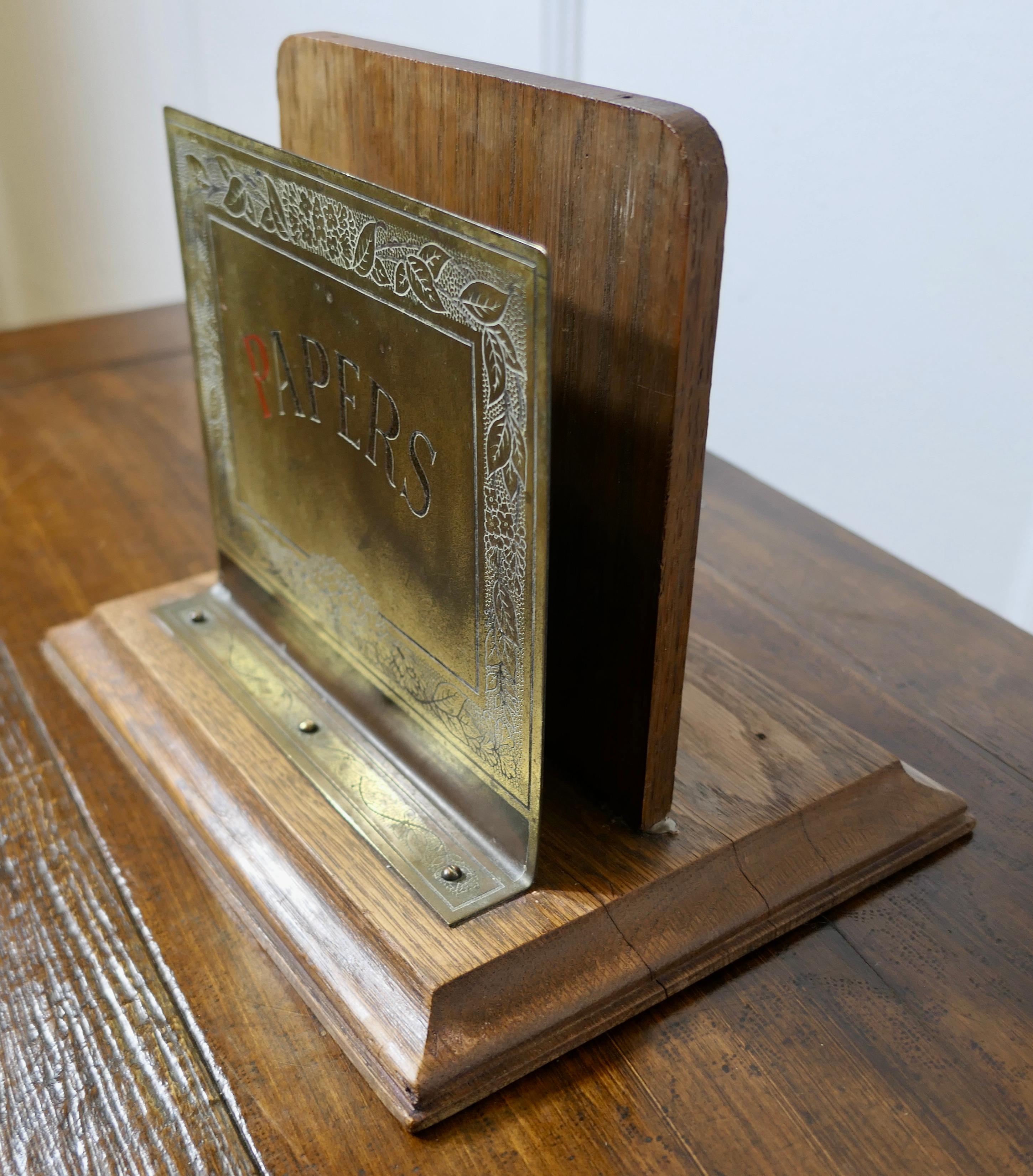Art Nouveau Table Top Brass and Oak News Paper Rack    For Sale 1
