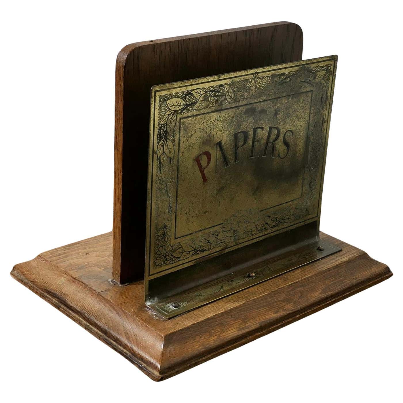 Art Nouveau Table Top Brass and Oak News Paper Rack For Sale at 1stDibs