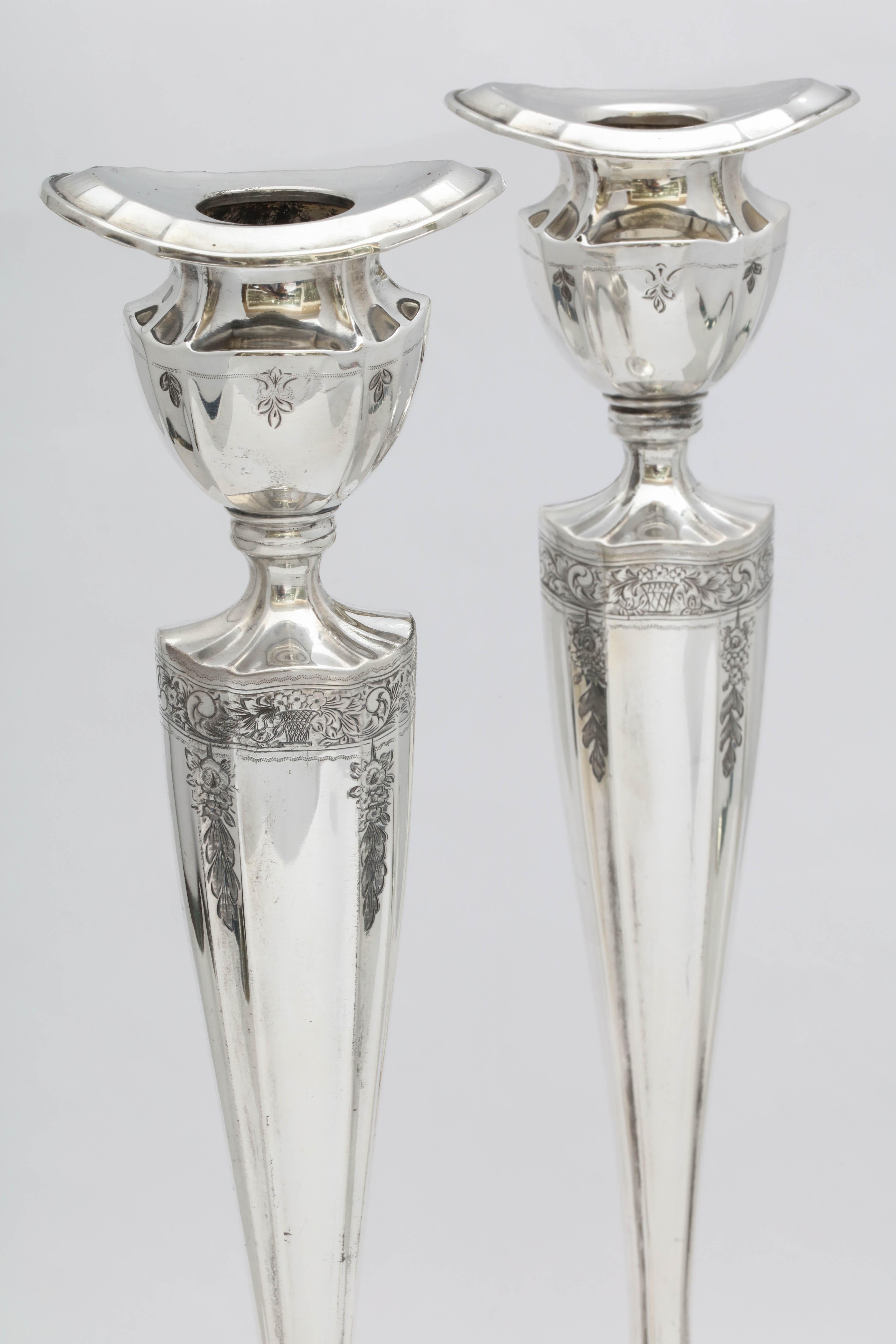 American Art Nouveau Tall Pair of Sterling Silver Candlesticks