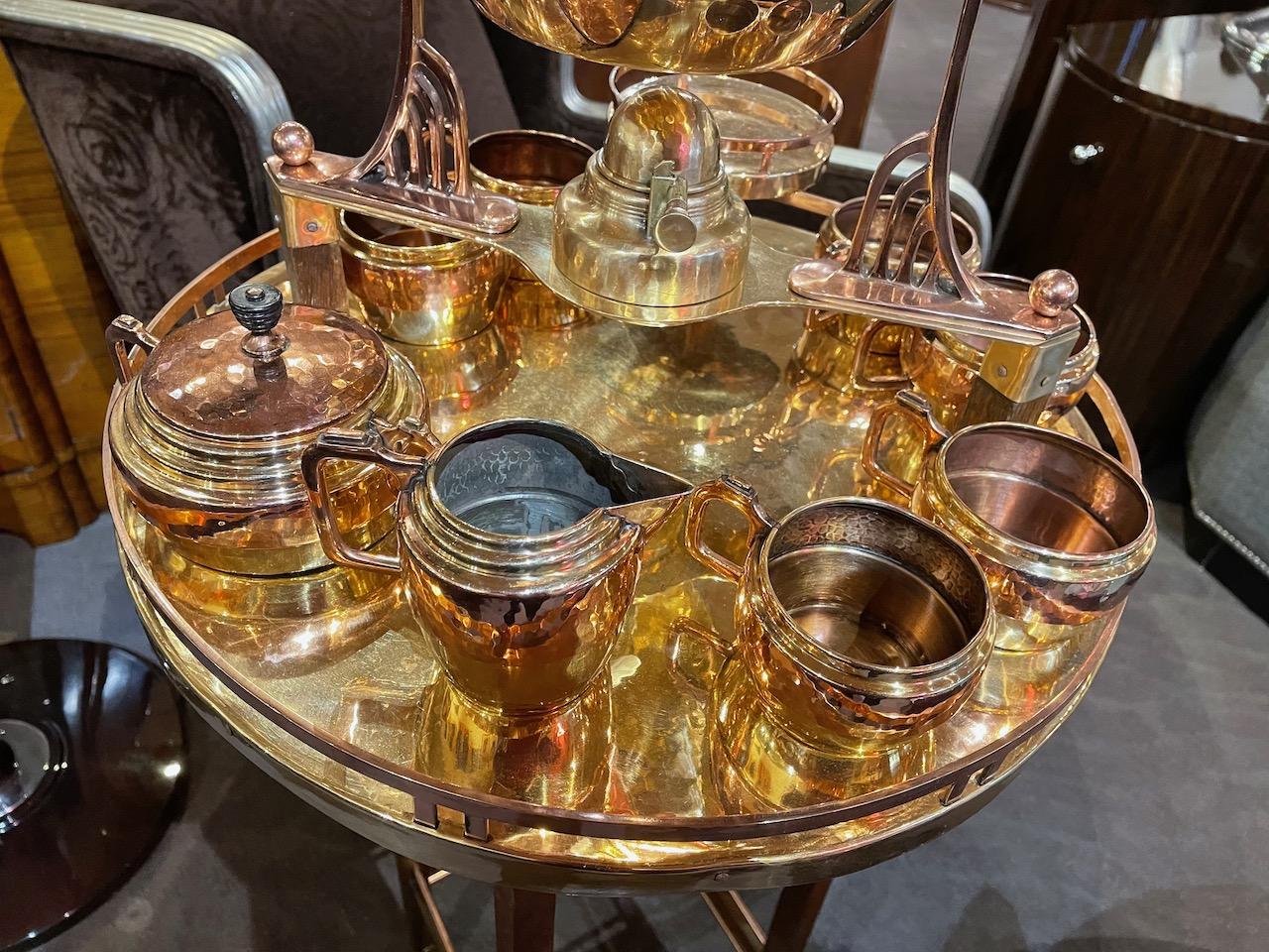 German Art Nouveau Tea/Coffee Service in Copper and Brass 9 Pieces with Stand