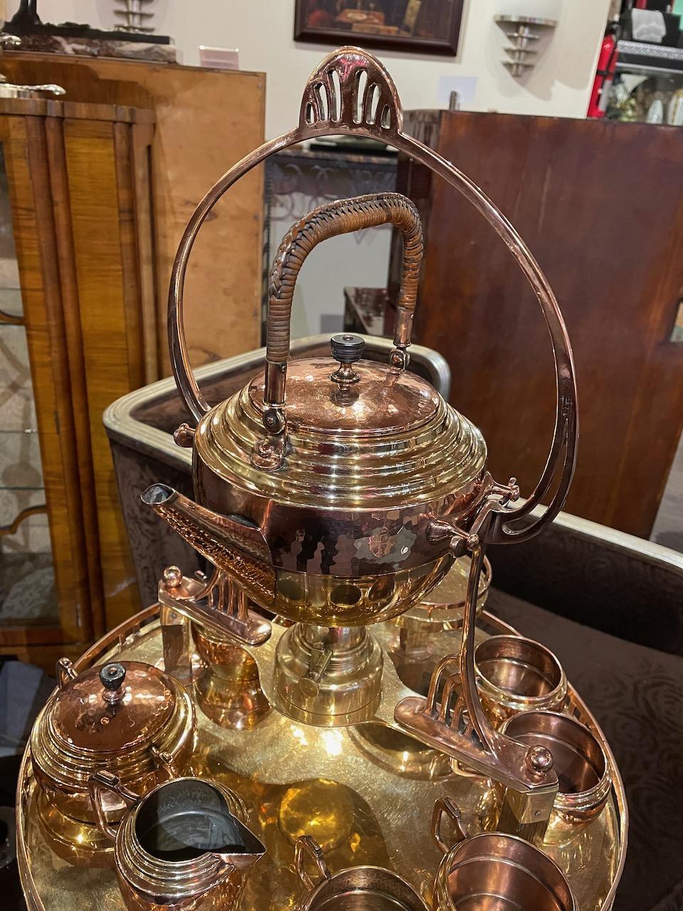Art Nouveau Tea/Coffee Service in Copper and Brass 9 Pieces with Stand In Good Condition In Oakland, CA