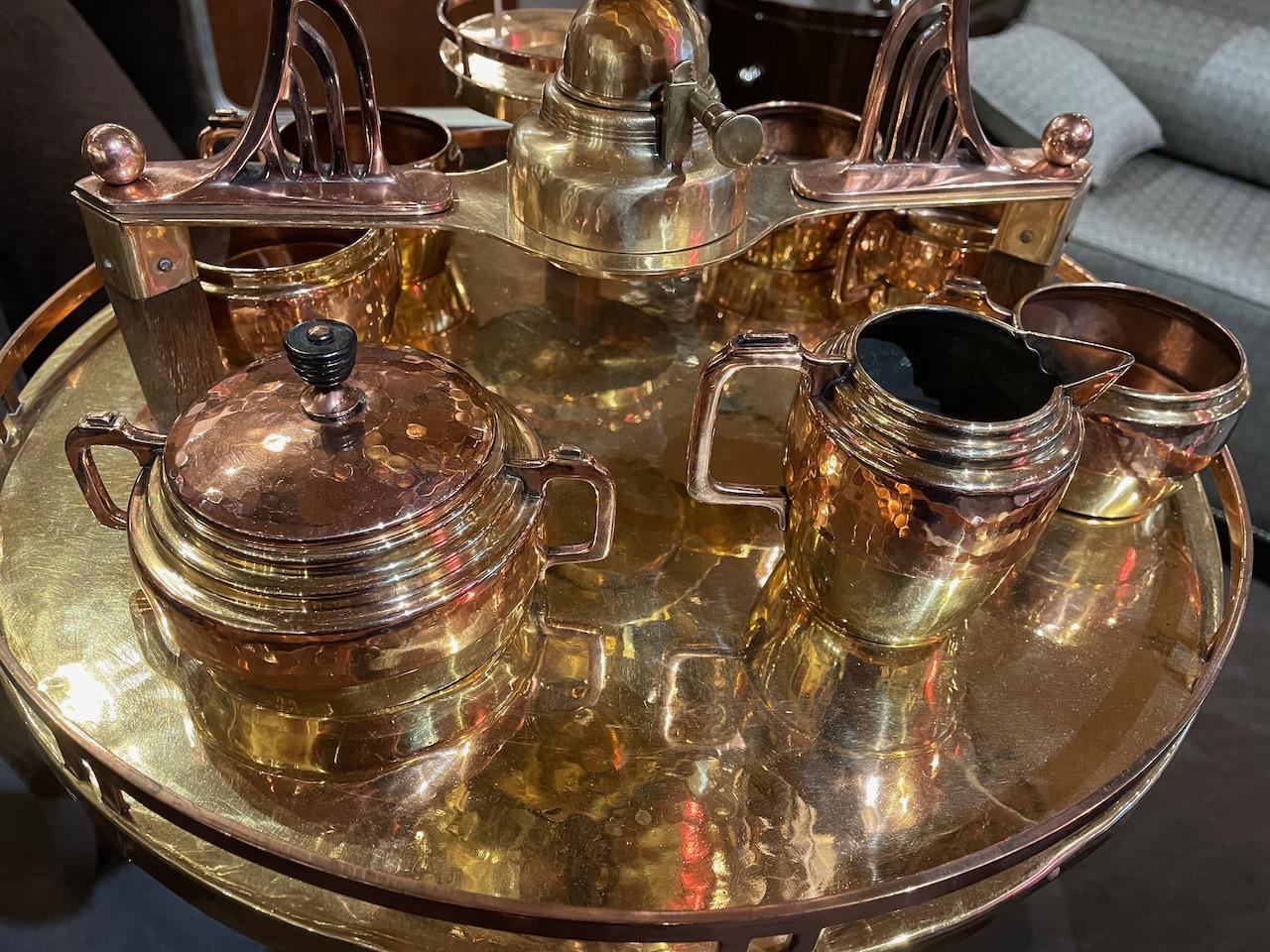 Art Nouveau Tea/Coffee Service in Copper and Brass 9 Pieces with Stand 1