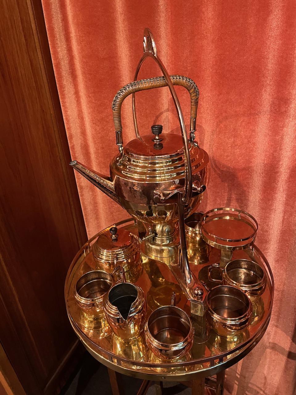 Art Nouveau Tea/Coffee Service in Copper and Brass 9 Pieces with Stand 2
