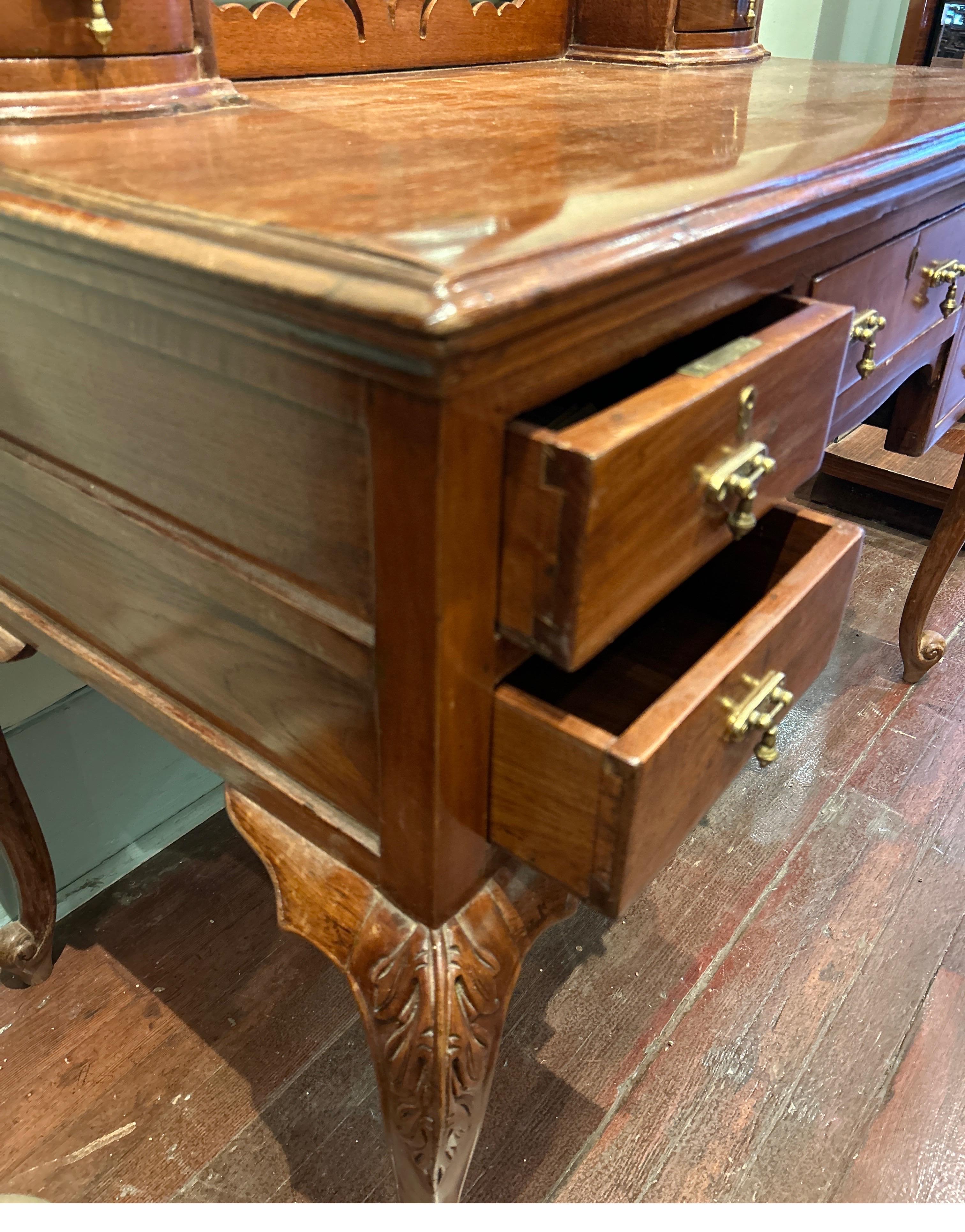 Art Nouveau Teak Hand Carved Vanity Cum Writing Table With Drawers & Brass Pulls For Sale 5