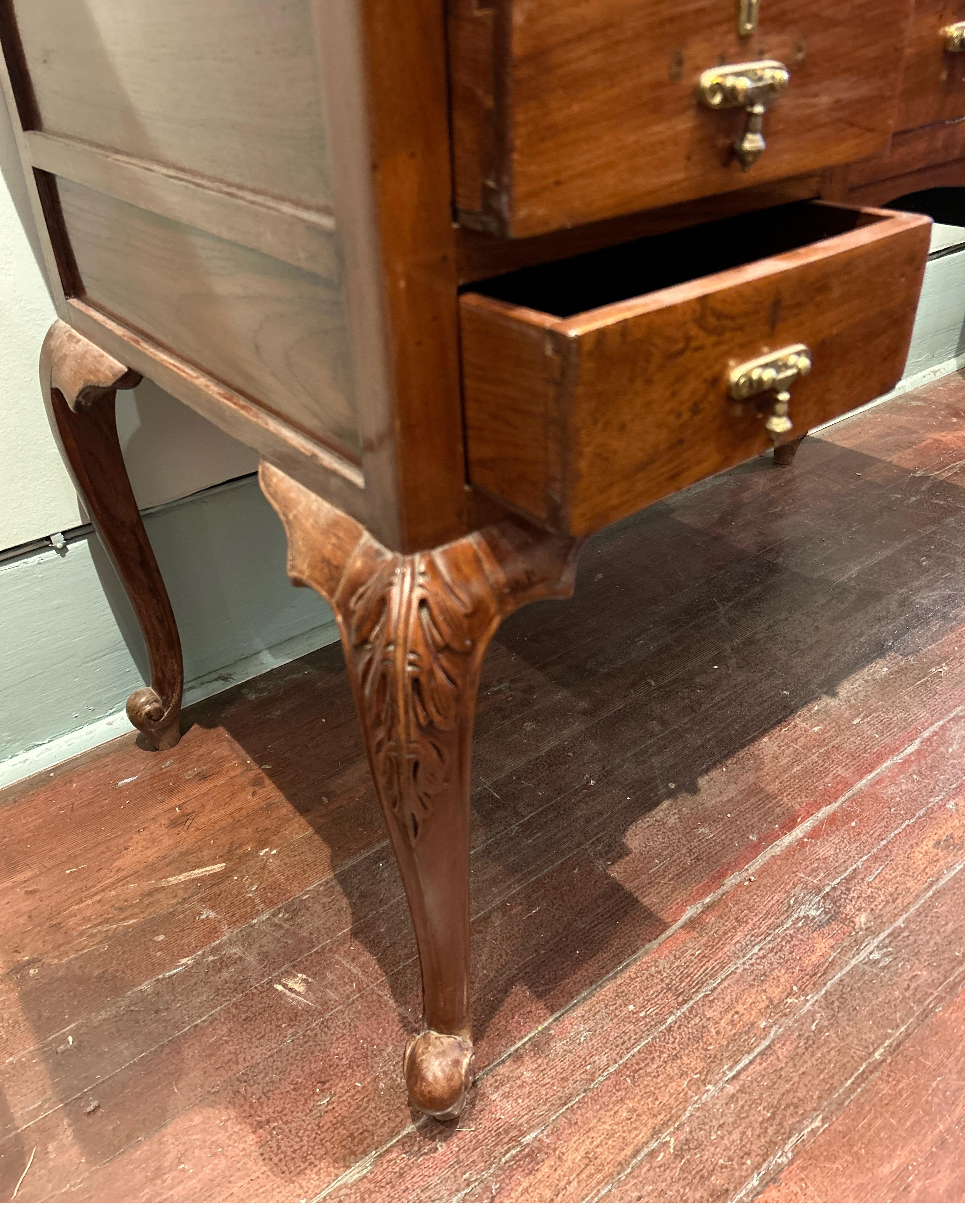 Art Nouveau Teak Hand Carved Vanity Cum Writing Table With Drawers & Brass Pulls For Sale 6