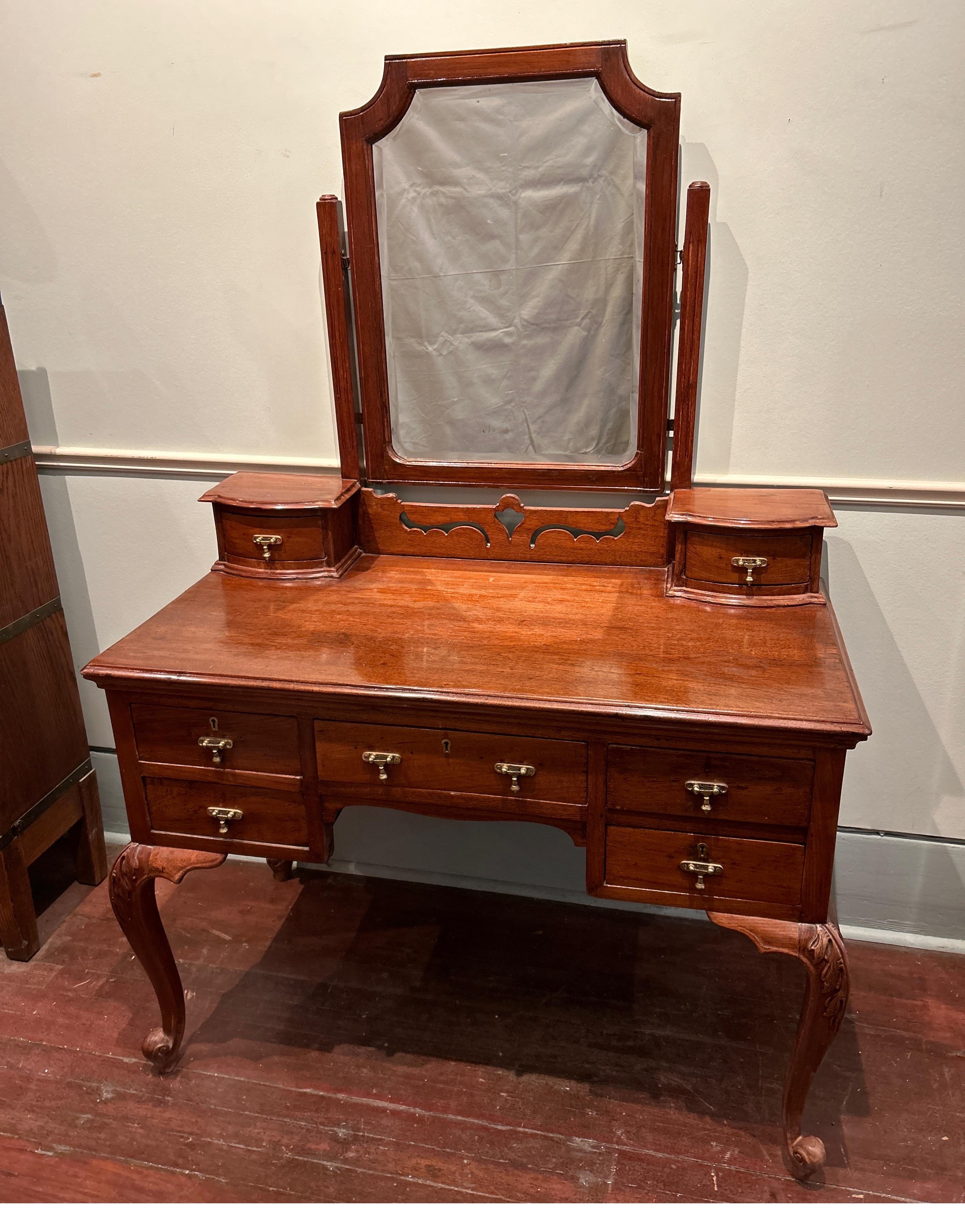 Anglo Raj Art Nouveau Teak Hand Carved Vanity Cum Writing Table With Drawers & Brass Pulls For Sale