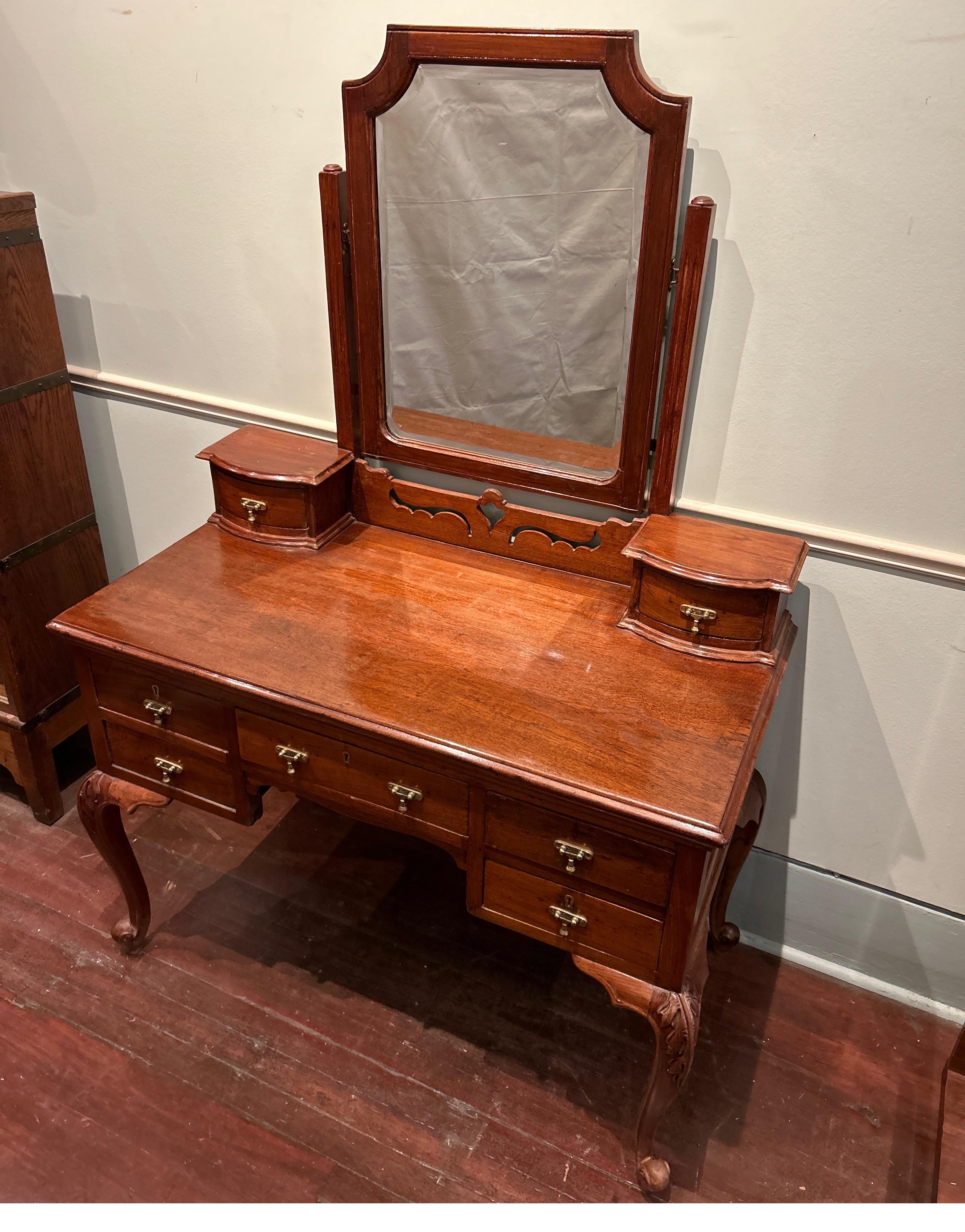 British Indian Ocean Territory Art Nouveau Teak Hand Carved Vanity Cum Writing Table With Drawers & Brass Pulls For Sale