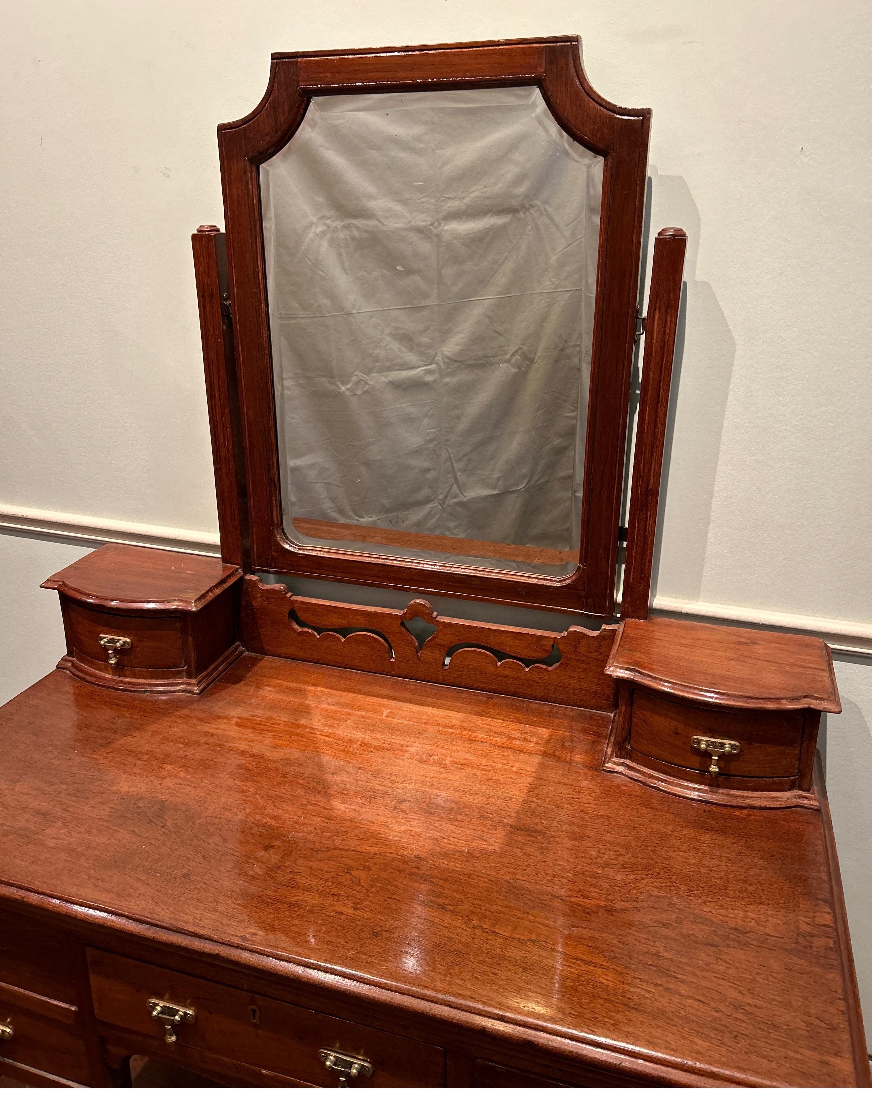 Art Nouveau Teak Hand Carved Vanity Cum Writing Table With Drawers & Brass Pulls In Good Condition For Sale In Vancouver, British Columbia