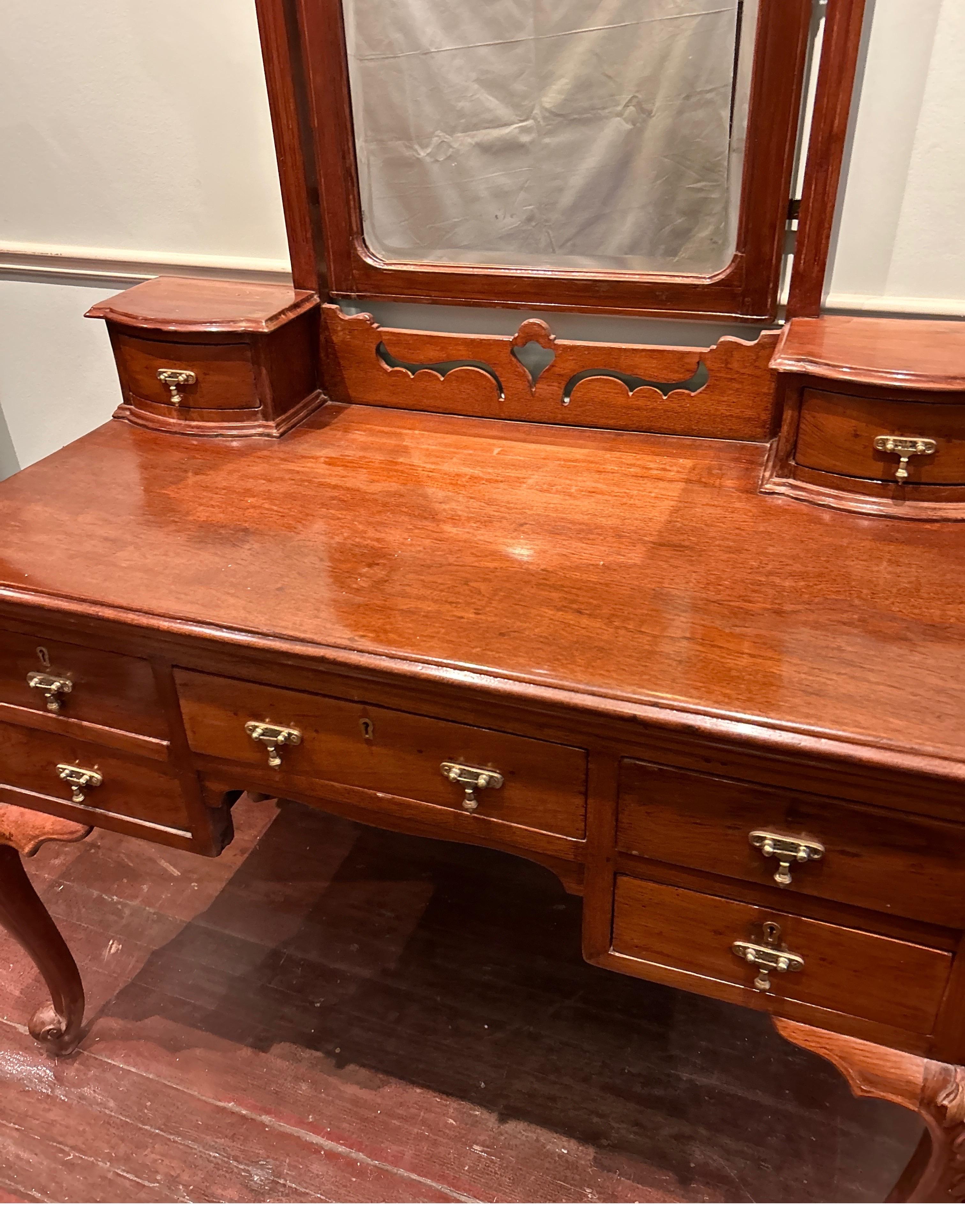 Early 20th Century Art Nouveau Teak Hand Carved Vanity Cum Writing Table With Drawers & Brass Pulls For Sale