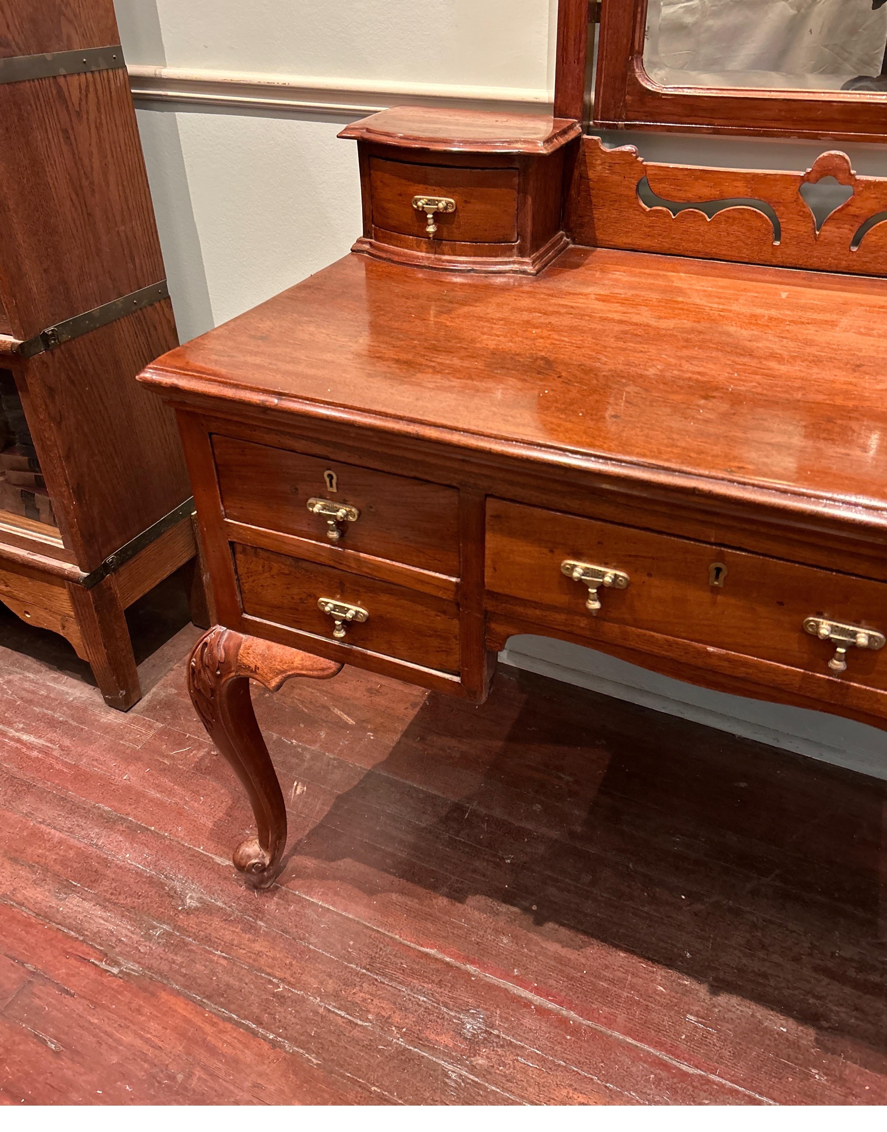 Art Nouveau Teak Hand Carved Vanity Cum Writing Table With Drawers & Brass Pulls For Sale 1