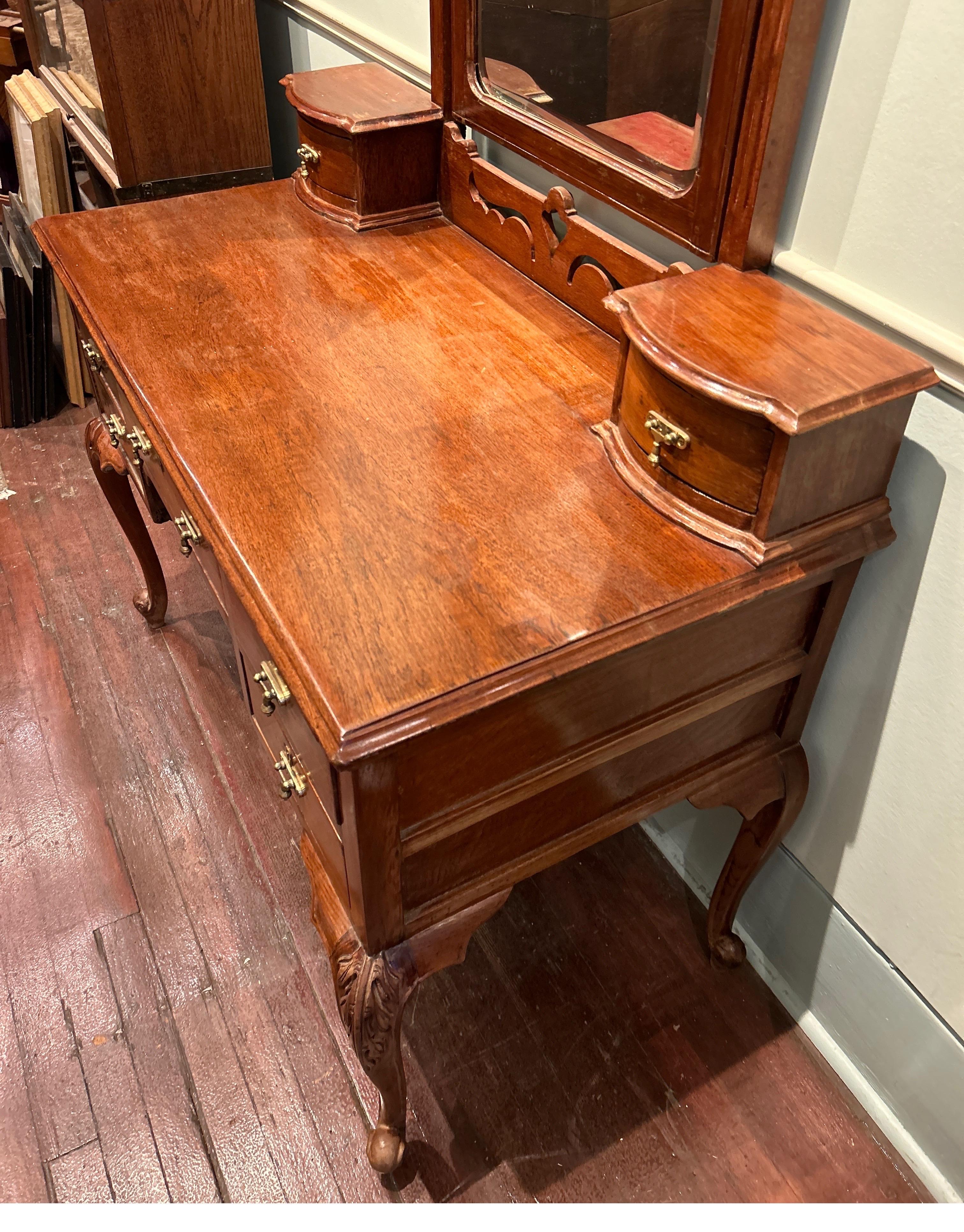 Art Nouveau Teak Hand Carved Vanity Cum Writing Table With Drawers & Brass Pulls For Sale 2