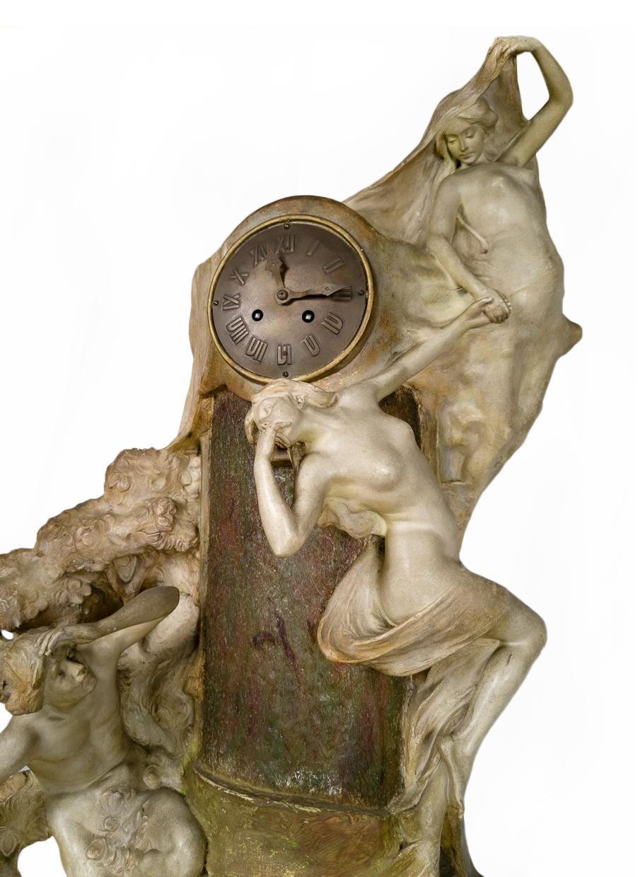 Art Nouveau Terracotta Clock And Light With Muses, Goldscheider, 19th Century For Sale 10