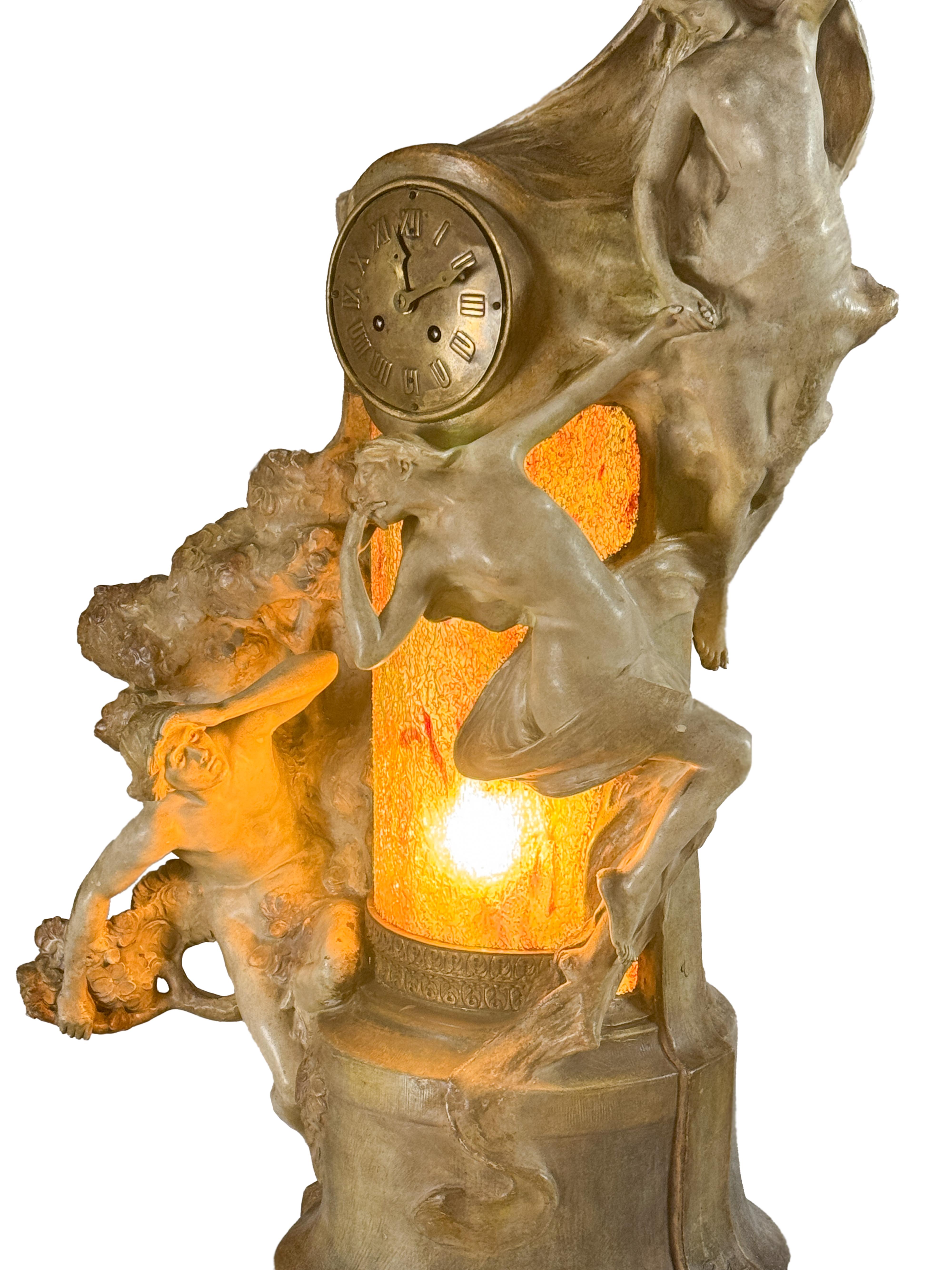Art Nouveau Terracotta Clock And Light With Muses, Goldscheider, 19th Century For Sale 14