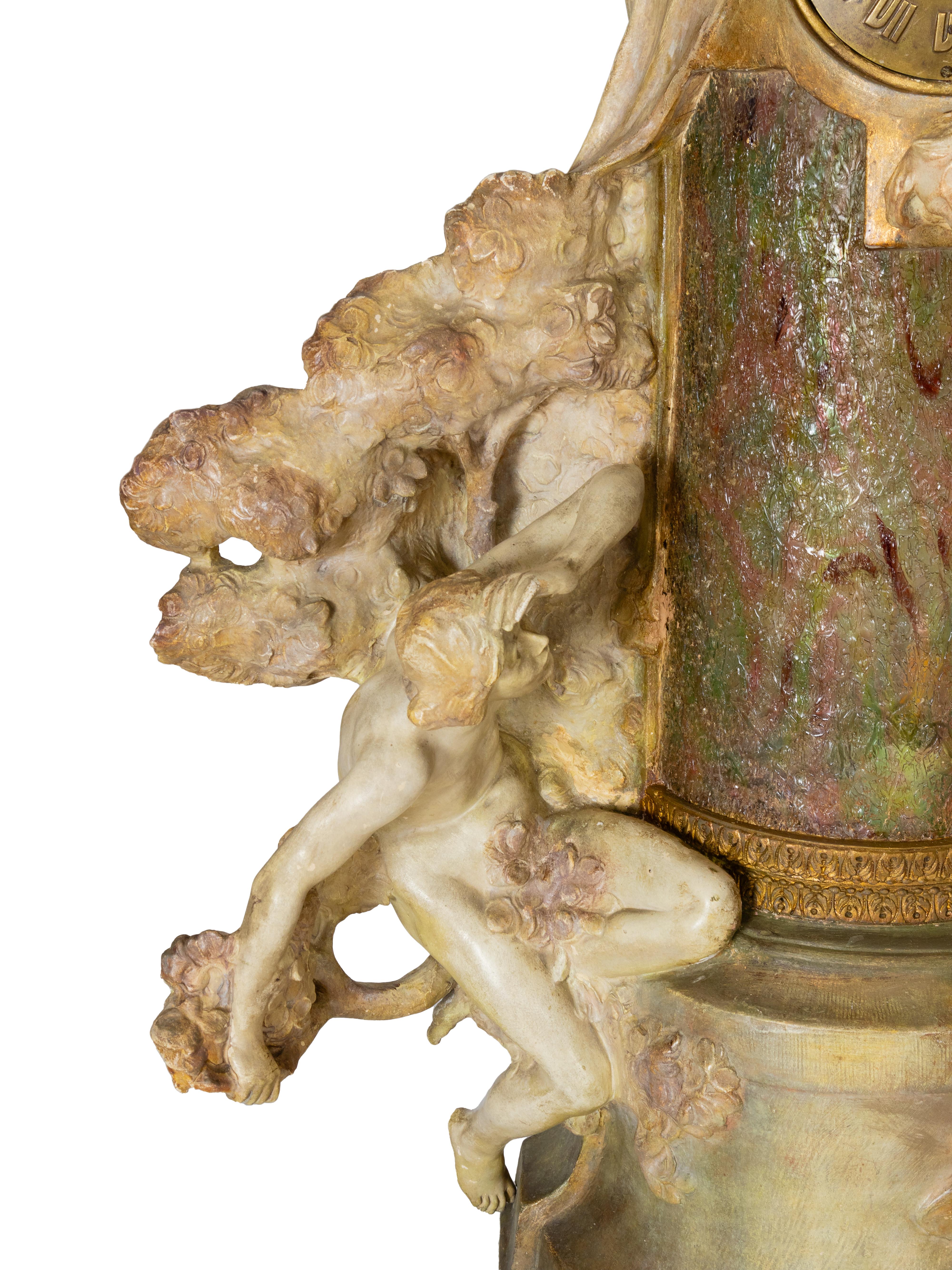 Austrian Art Nouveau Terracotta Clock And Light With Muses, Goldscheider, 19th Century For Sale