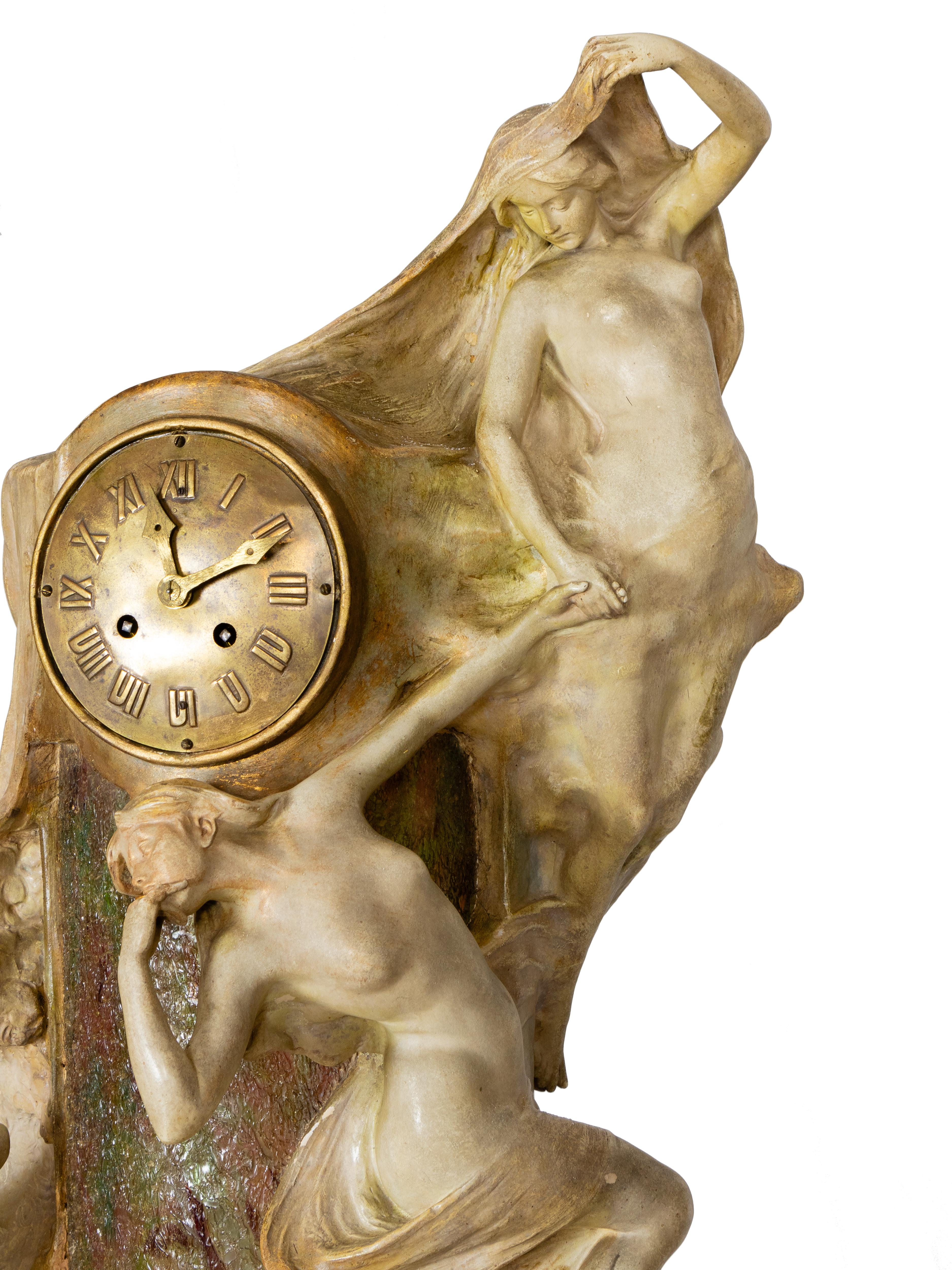 Art Nouveau Terracotta Clock And Light With Muses, Goldscheider, 19th Century In Good Condition For Sale In Lisbon, PT