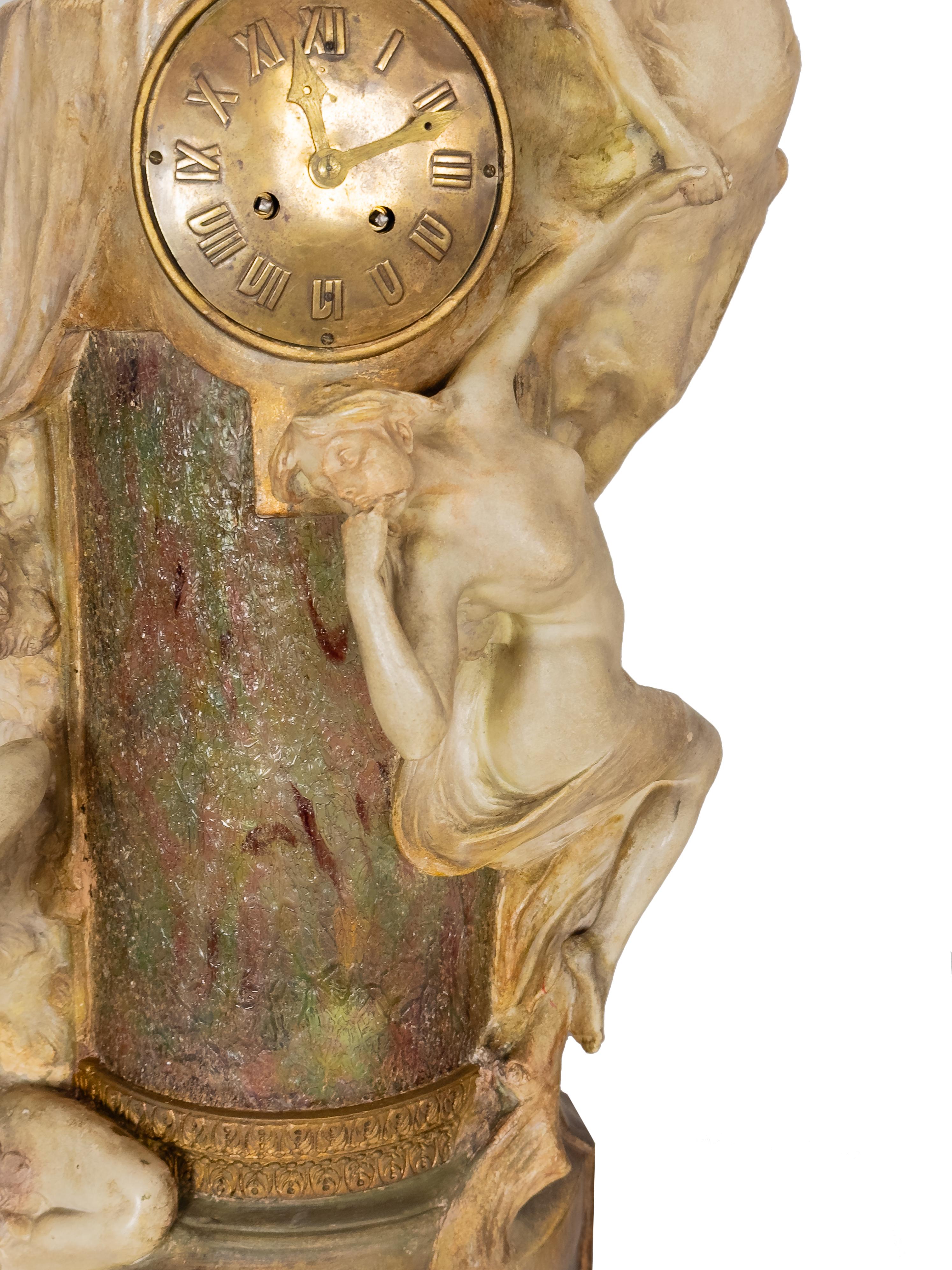 Art Nouveau Terracotta Clock And Light With Muses, Goldscheider, 19th Century For Sale 1