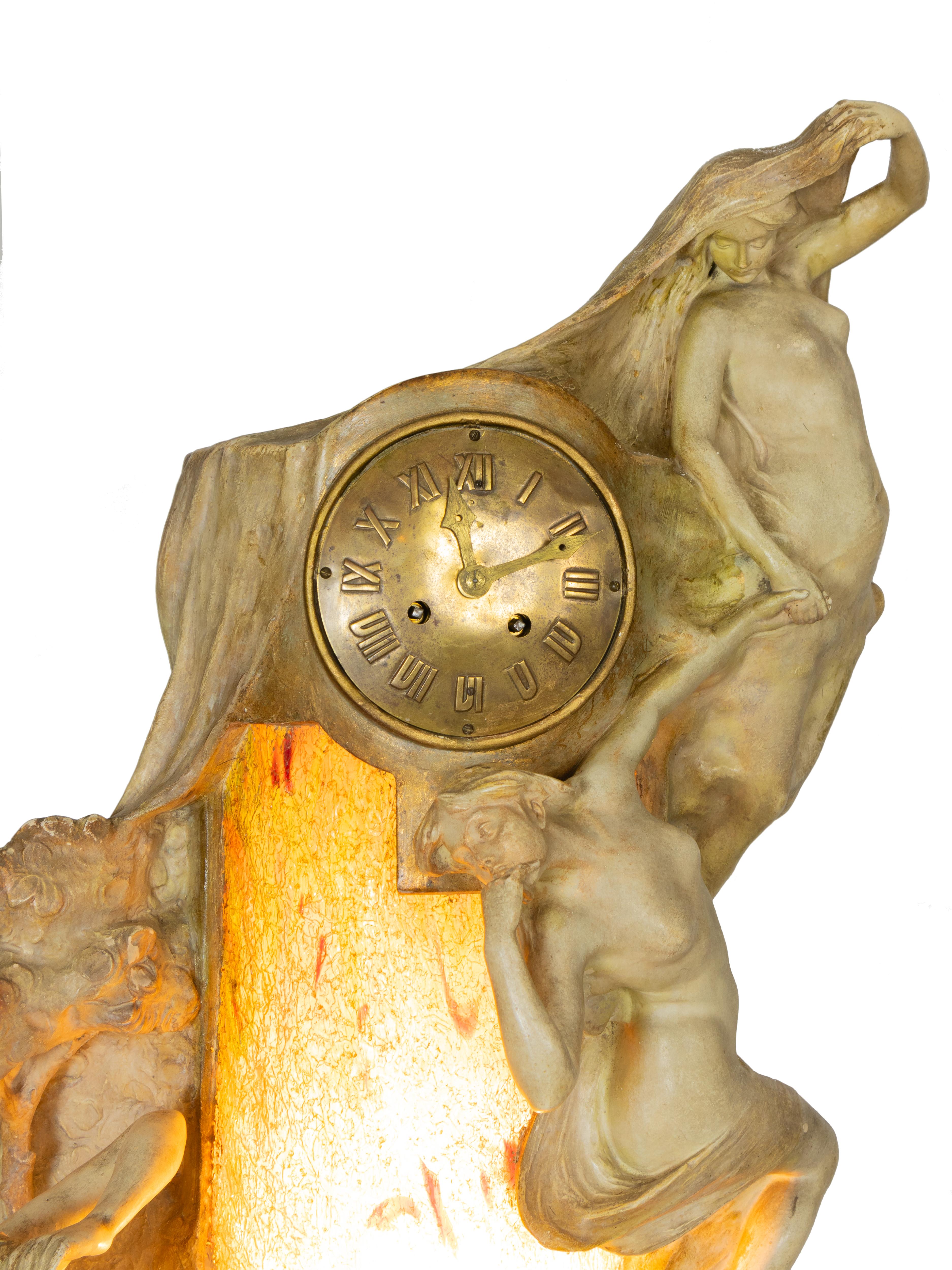 Art Nouveau Terracotta Clock And Light With Muses, Goldscheider, 19th Century For Sale 3