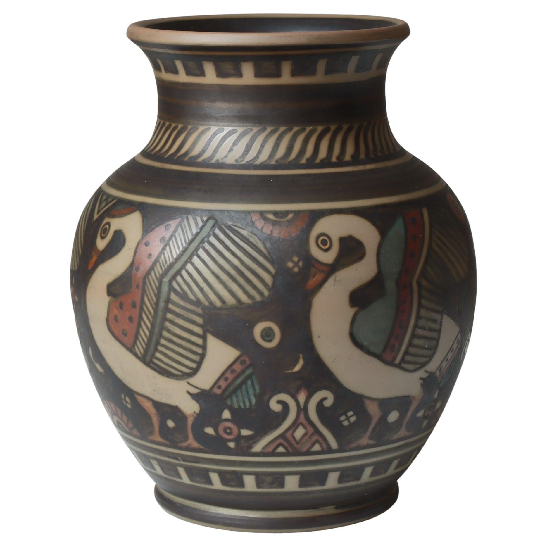 Art Nouveau Terracotta Vase by L. Hjorth Hand Painted Bird Motif, Denmark, 1920s For Sale