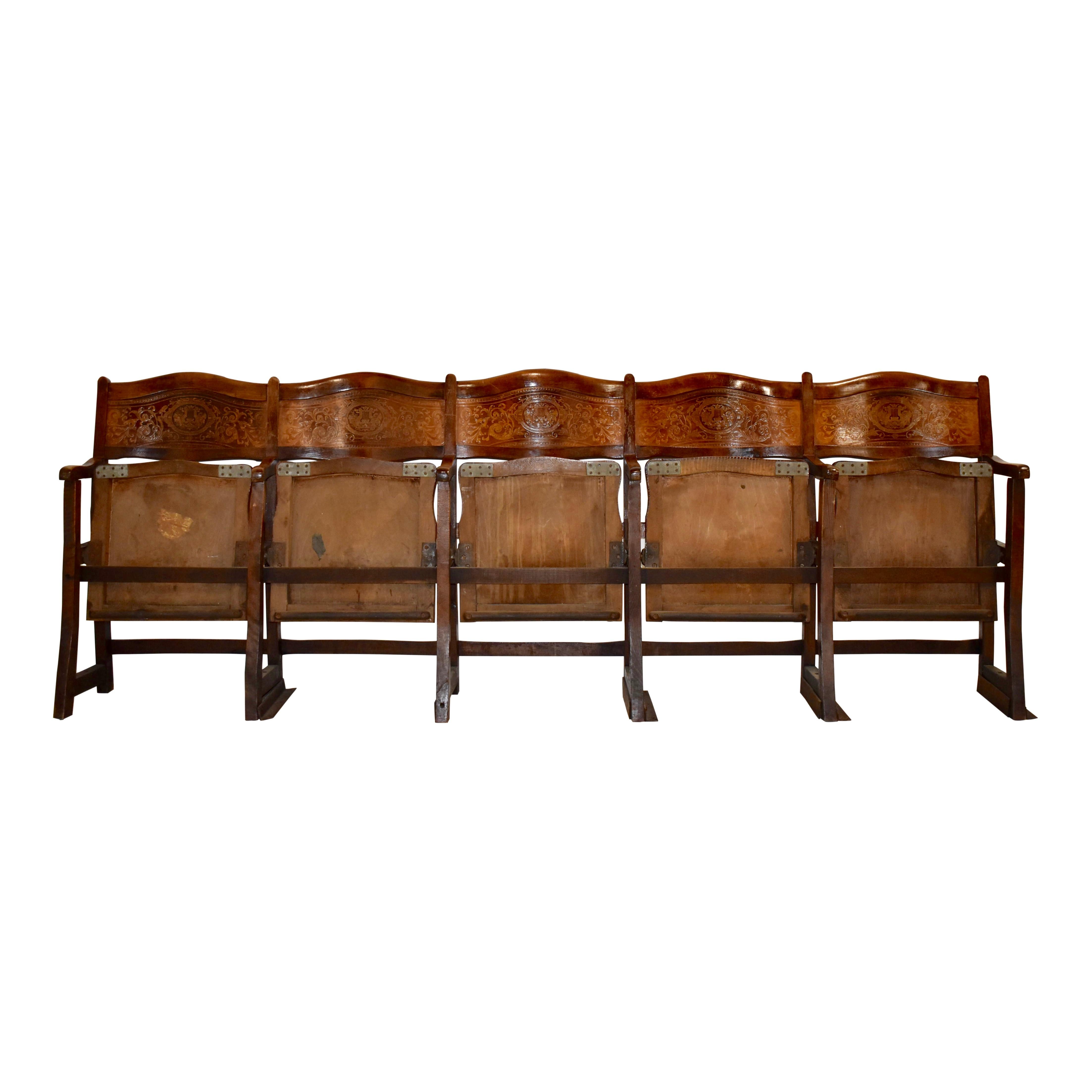 Art Nouveau Theatre Seats Row of Five Chairs, circa 1910 For Sale 5