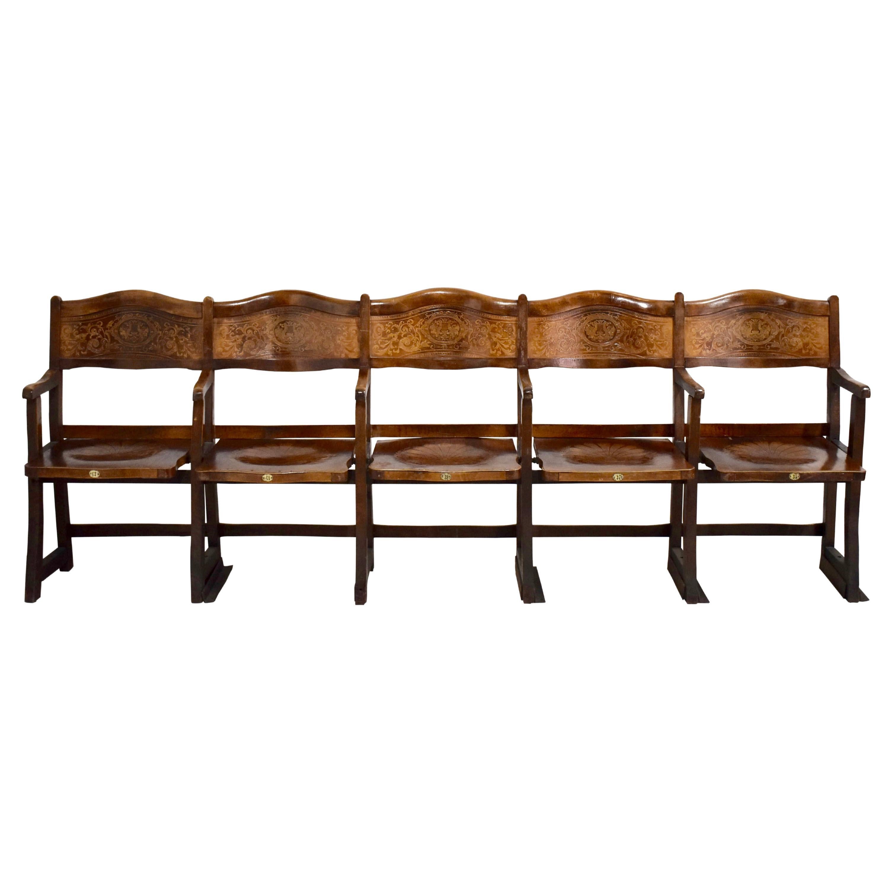 Art Nouveau Theatre Seats Row of Five Chairs, circa 1910 For Sale