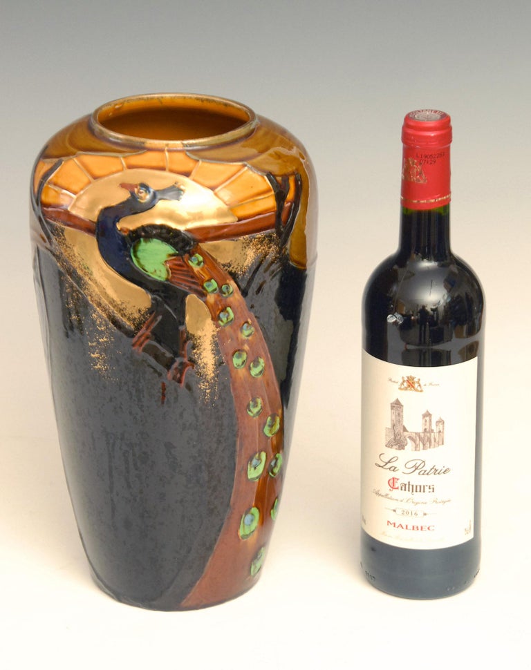 Art Nouveau Thomas Forester Phoenix Ware Peacock Vase, circa 1910 For