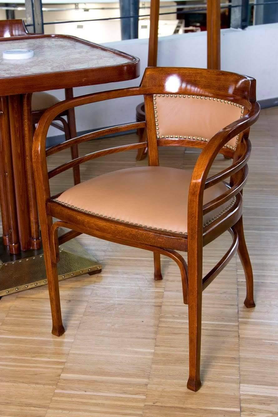 This exceptional Vienna Secession, Art-Nouveau longe cafe set was designed by Otto Wagner, manufactured by the prestigious Thonet factory circa the 1900’s. The beech bentwood set consists of two arm chairs, and a bench. All pieces are factory