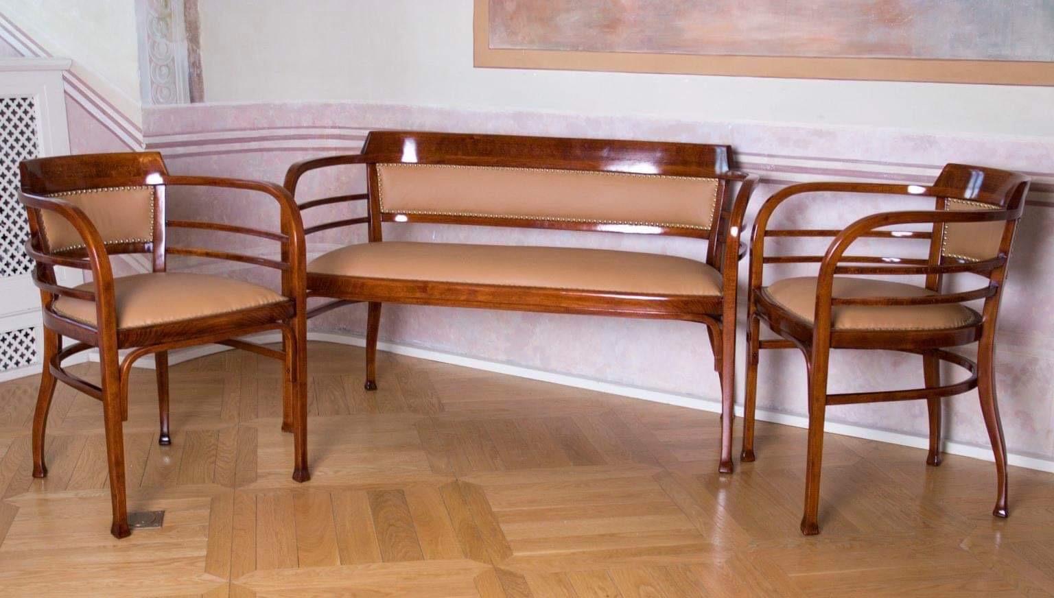 Austrian Art Nouveau Thonet Chairs and Bench by Otto Wagner, Austria 1900’s, Set of 3 For Sale