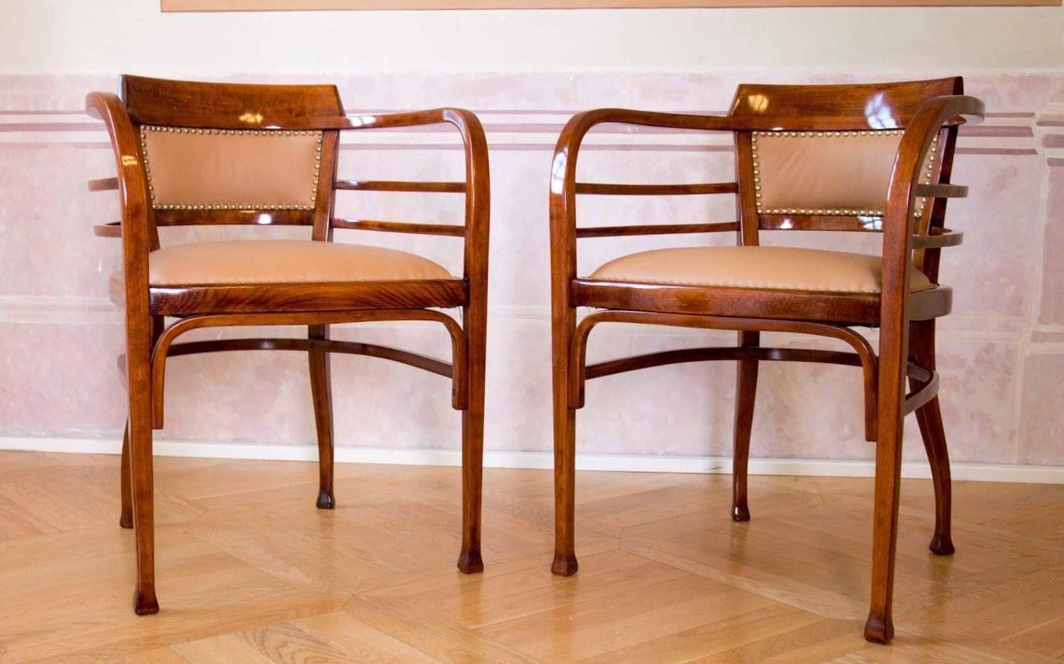 Jugendstil-Thonet-Stühle und -Bank von Otto Wagner, Österreich 1900er Jahre, 3er-Set (Kupfer) im Angebot