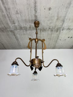 Art Nouveau three-arm chandelier with opal iridescent glass