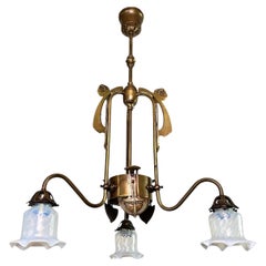 Art Nouveau three-arm chandelier with opal iridescent glass