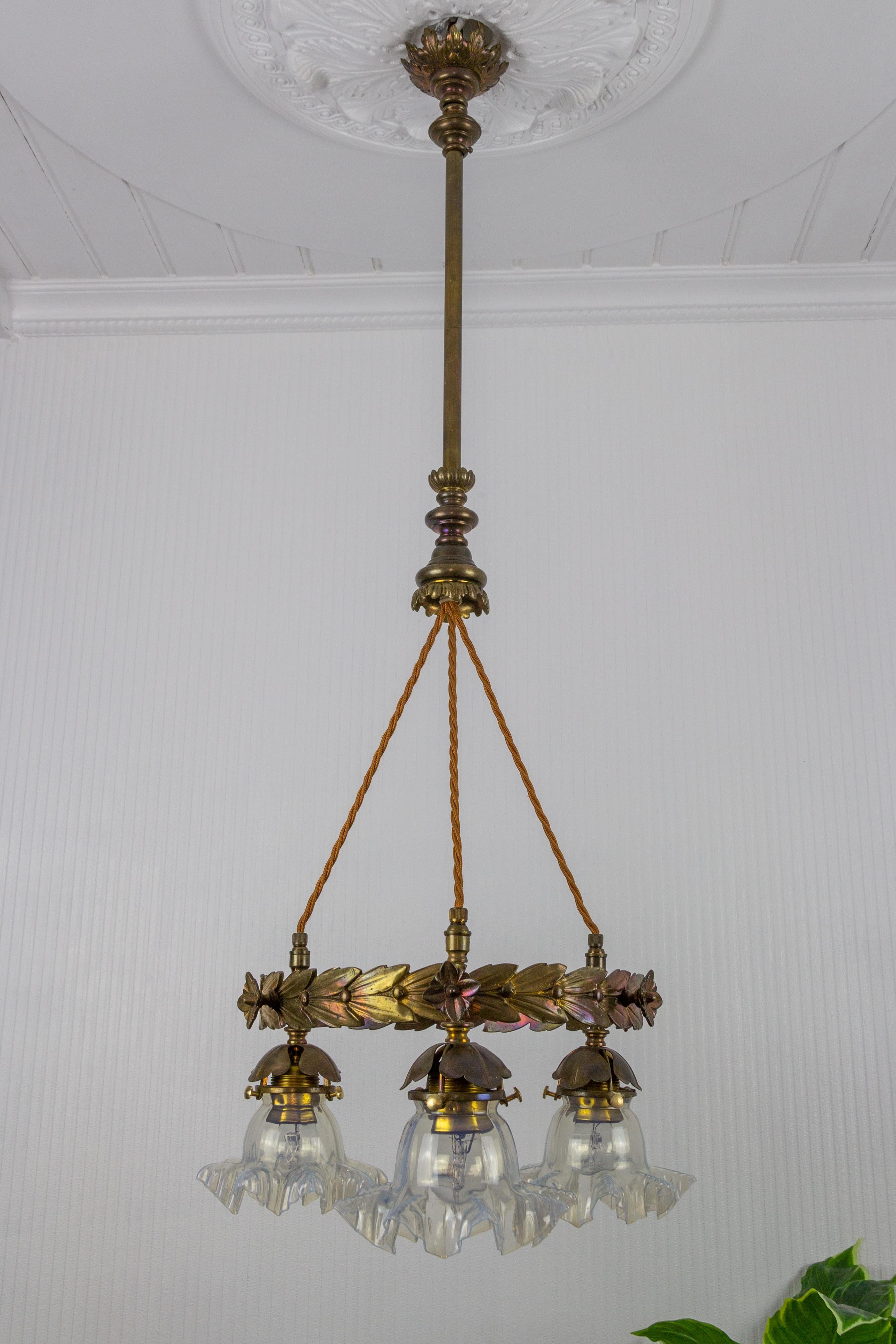 Art Nouveau Three-Light Brass and Glass Chandelier, Germany, 1920s 6
