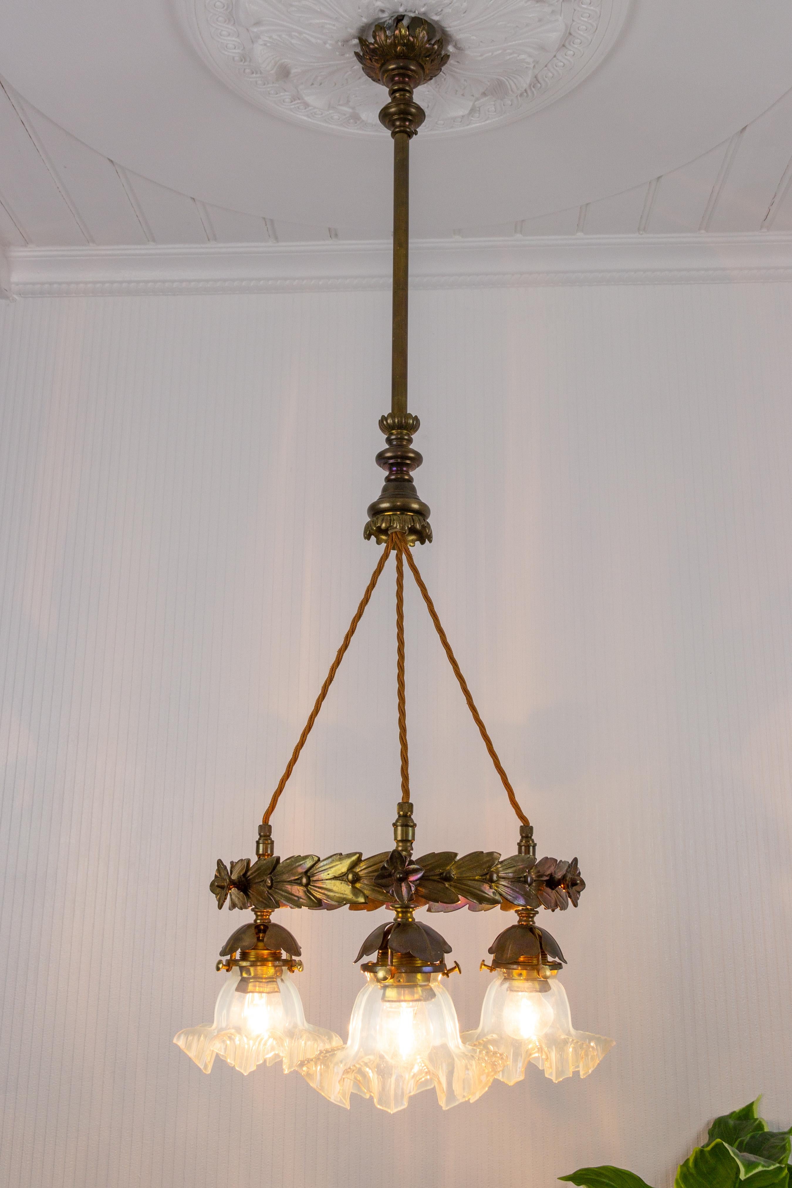 Art Nouveau Three-Light Brass and Glass Chandelier, Germany, 1920s 7