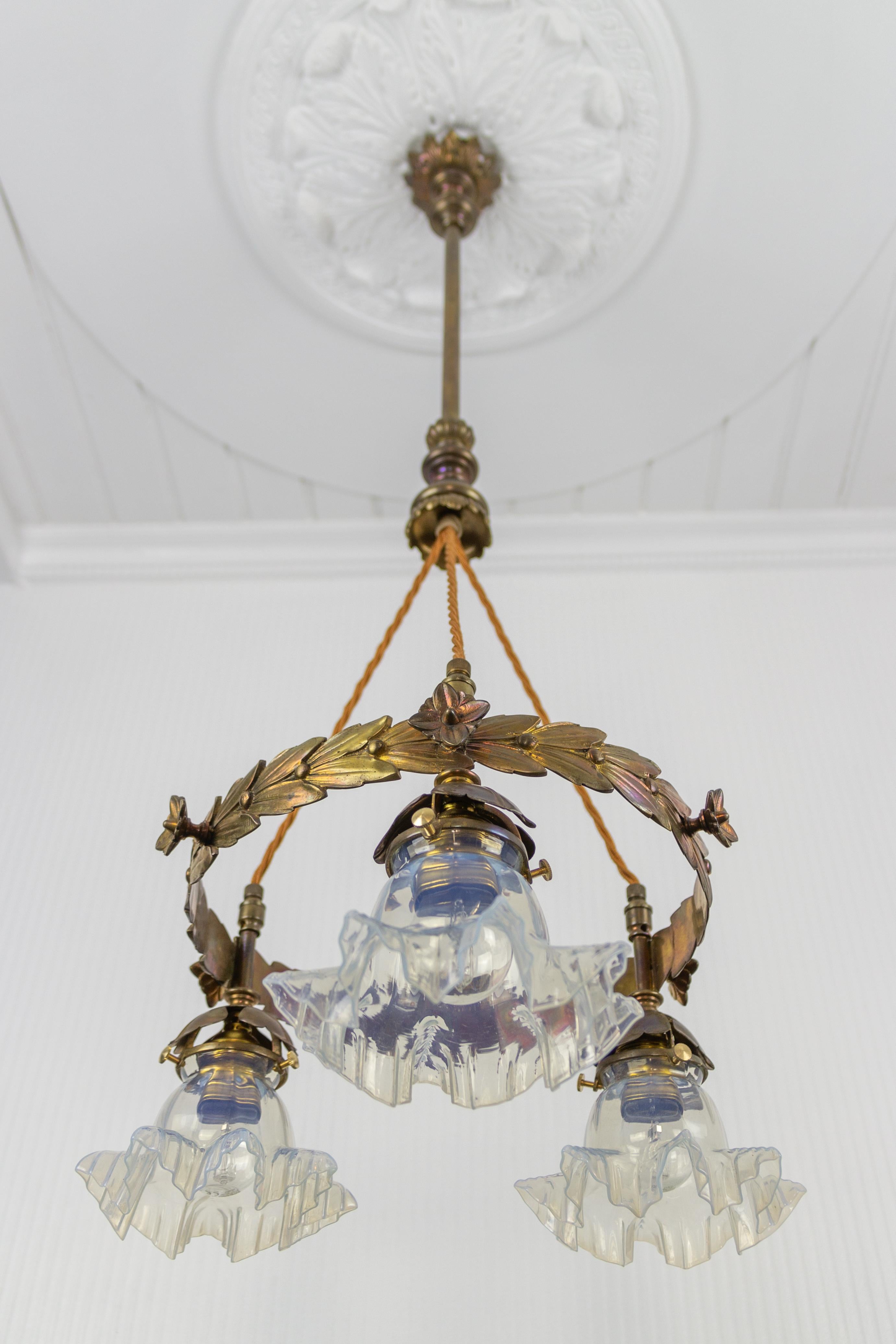Art Nouveau Three-Light Brass and Glass Chandelier, Germany, 1920s 8