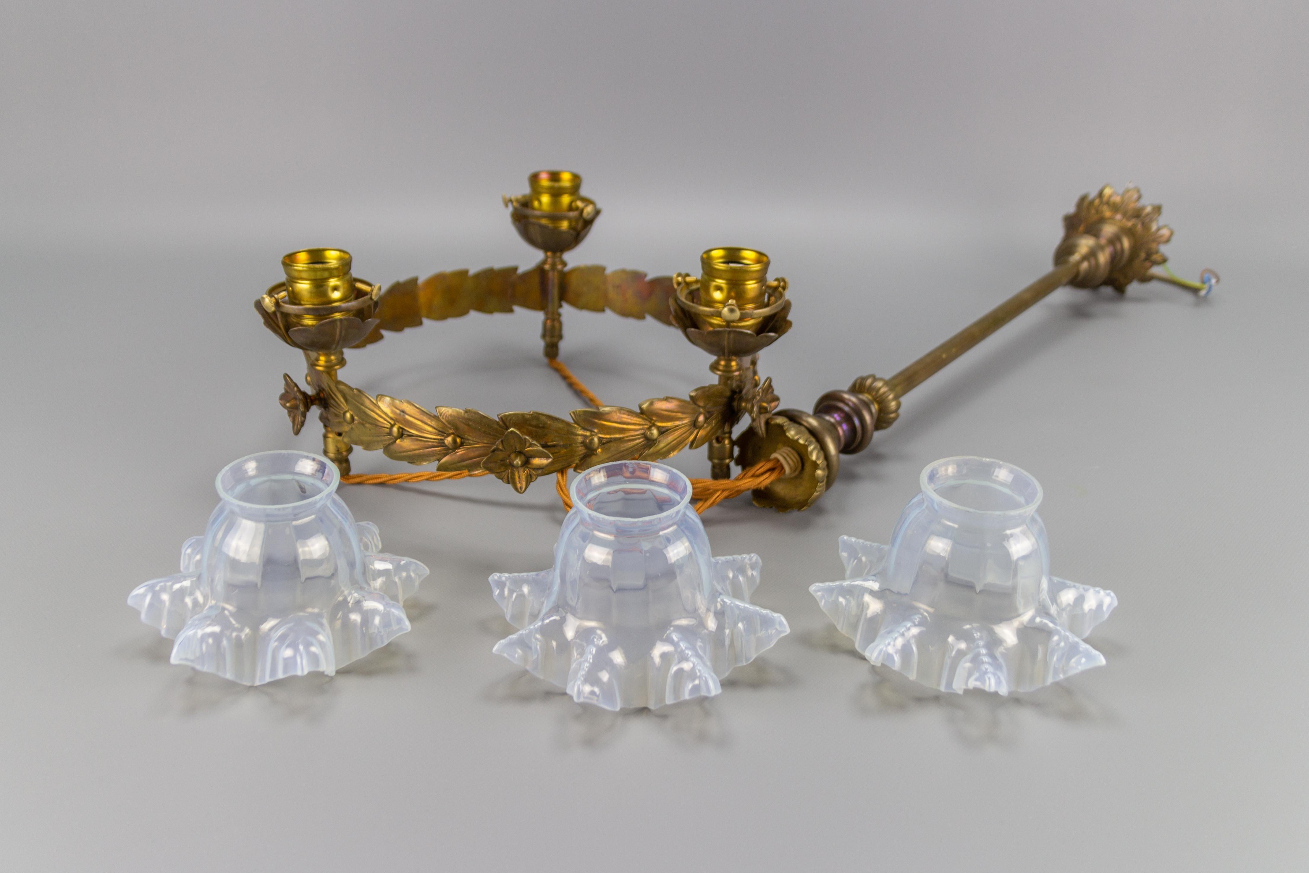 Art Nouveau Three-Light Brass and Glass Chandelier, Germany, 1920s 9