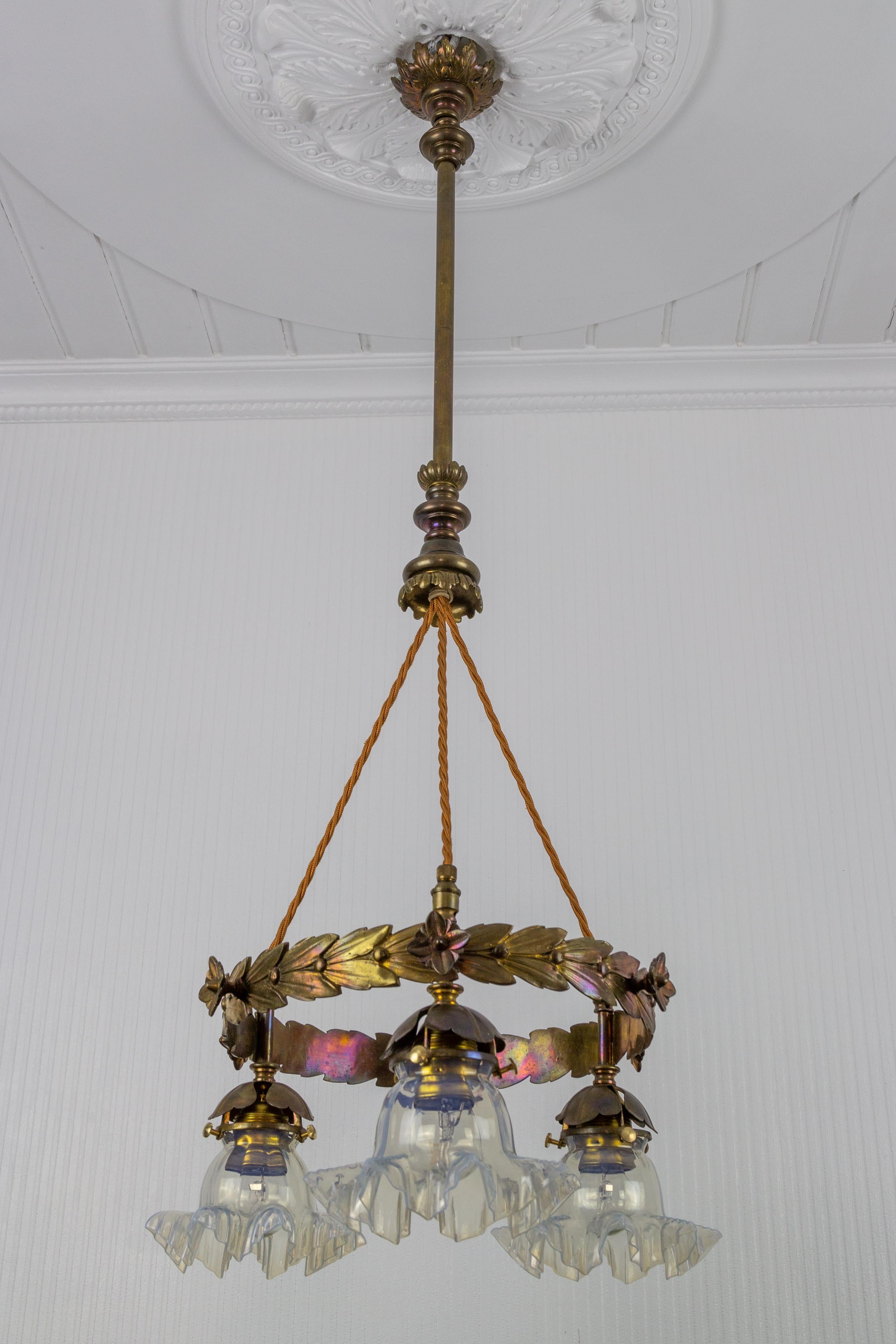 Art Nouveau Three-Light Brass and Glass Chandelier, Germany, 1920s 15