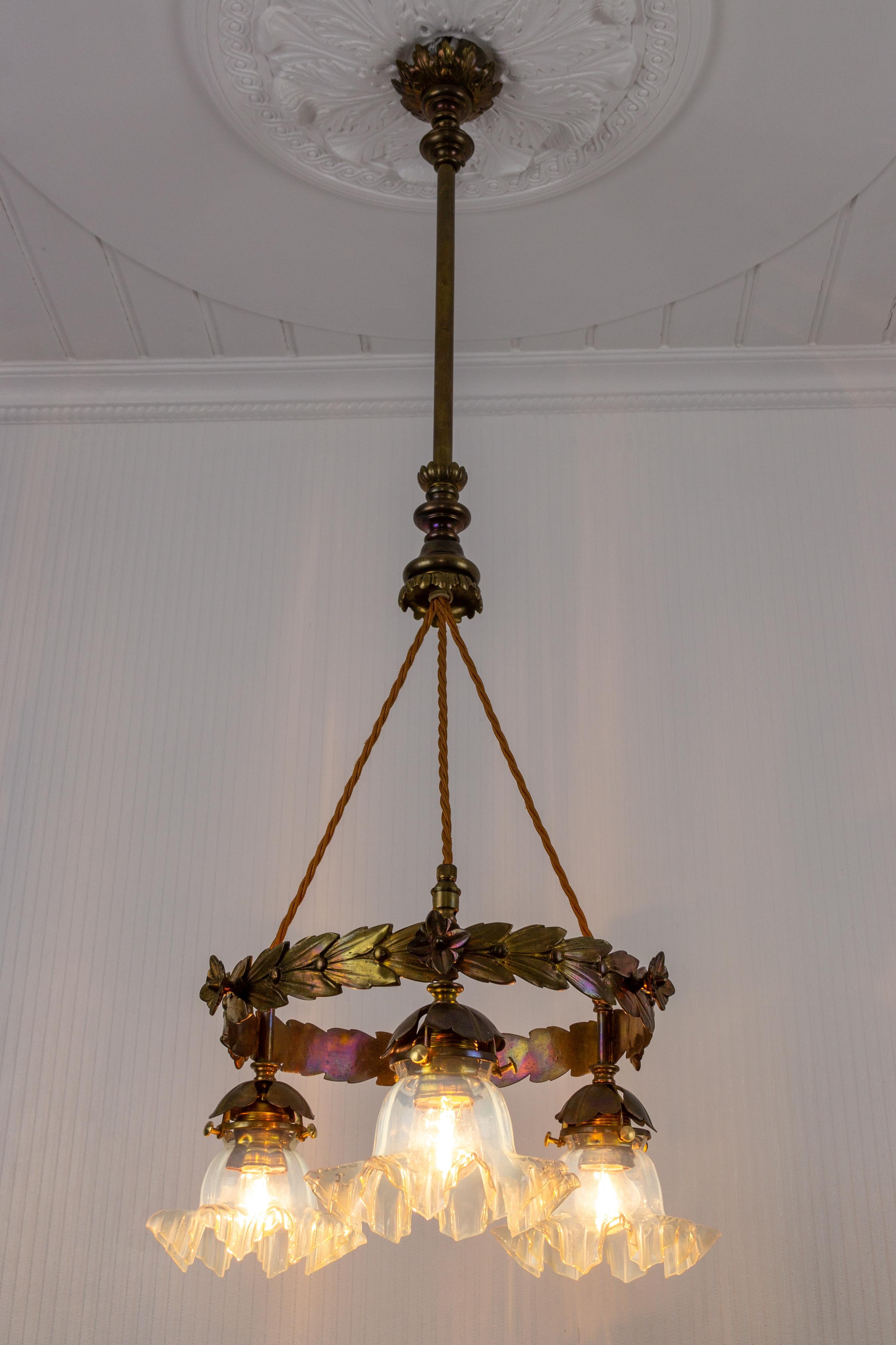 Art Nouveau Three-Light Brass and Glass Chandelier, Germany, 1920s 16