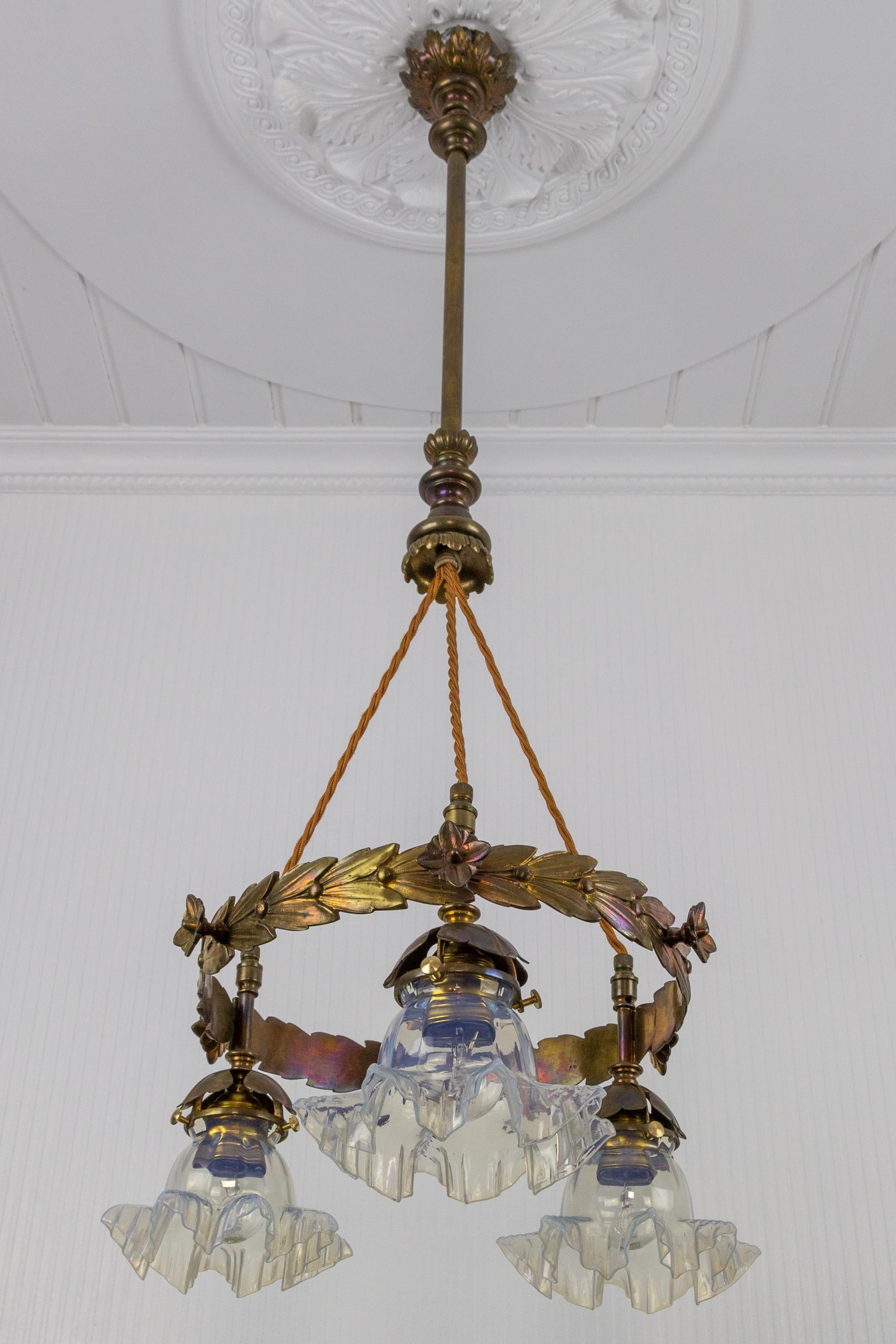 Early 20th Century Art Nouveau Three-Light Brass and Glass Chandelier, Germany, 1920s