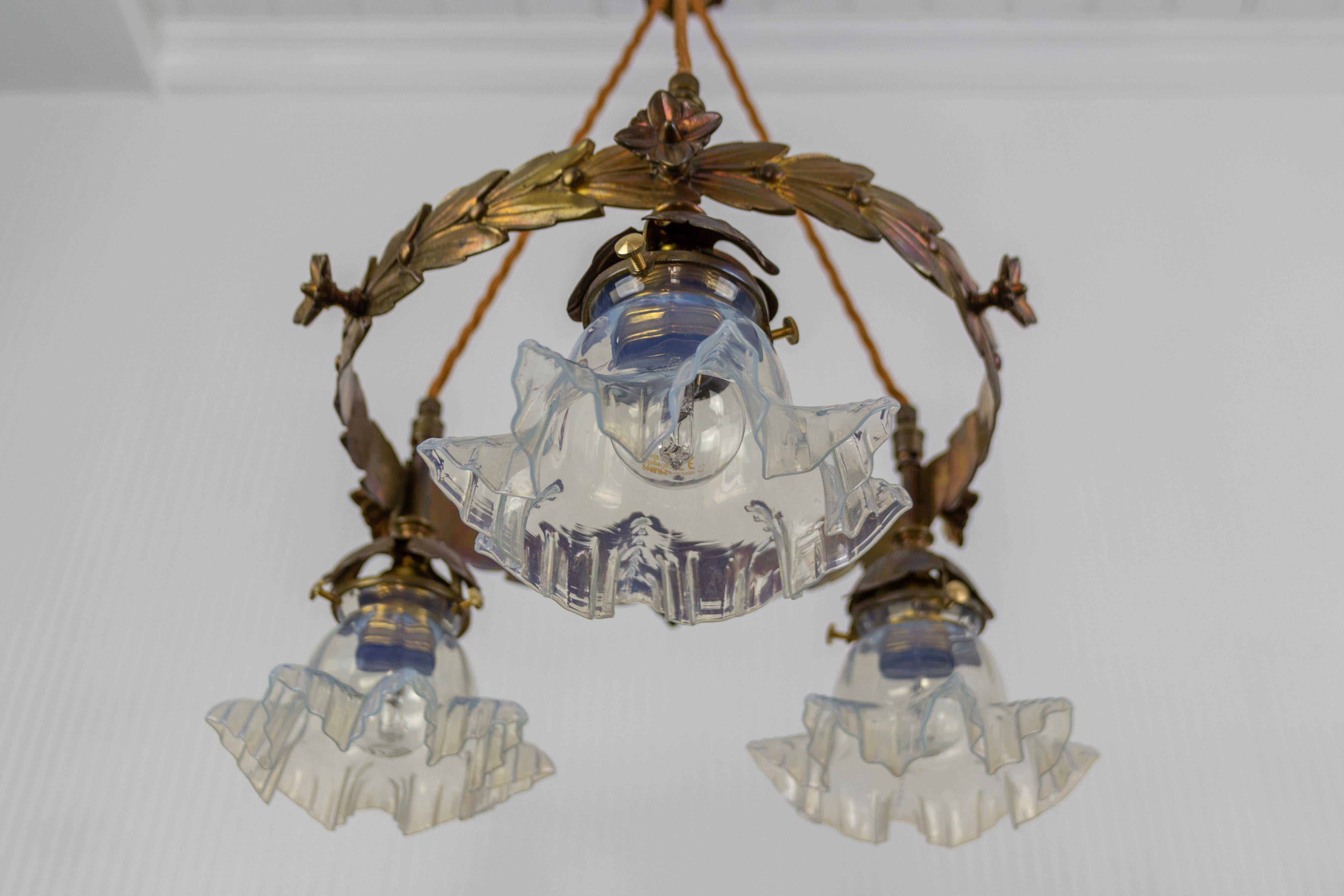 Art Nouveau Three-Light Brass and Glass Chandelier, Germany, 1920s 1