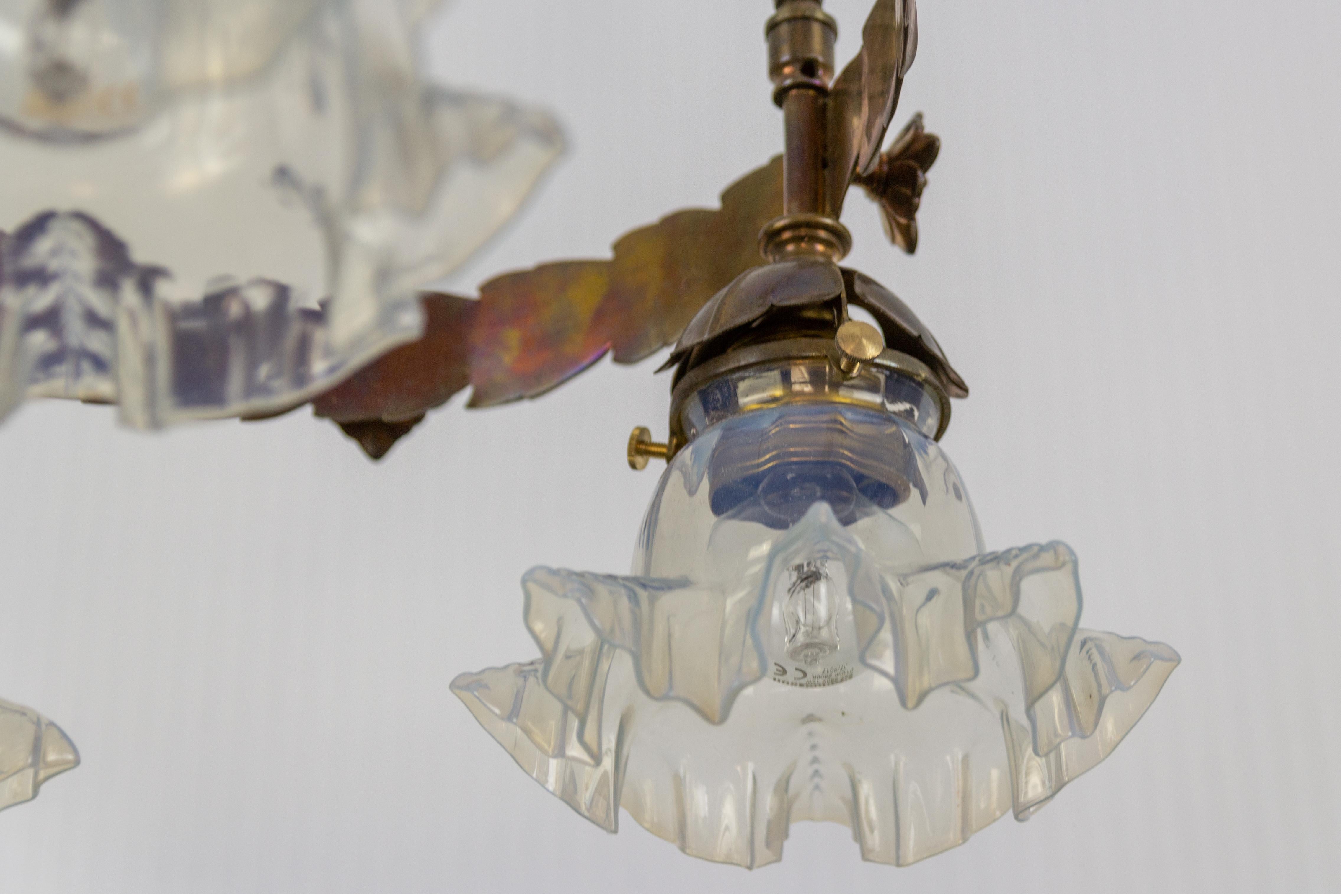 Art Nouveau Three-Light Brass and Glass Chandelier, Germany, 1920s 2