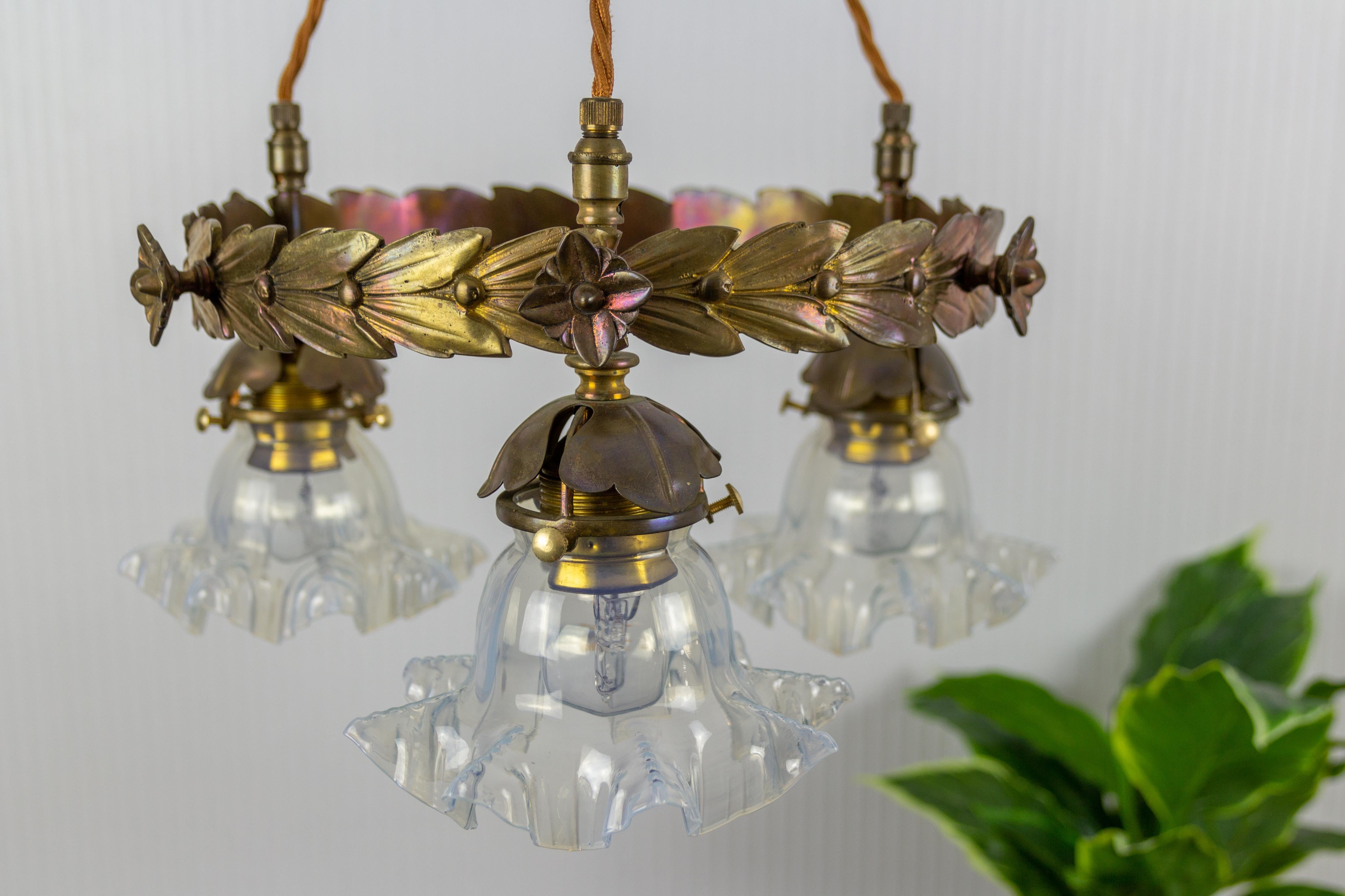 Art Nouveau Three-Light Brass and Glass Chandelier, Germany, 1920s 3