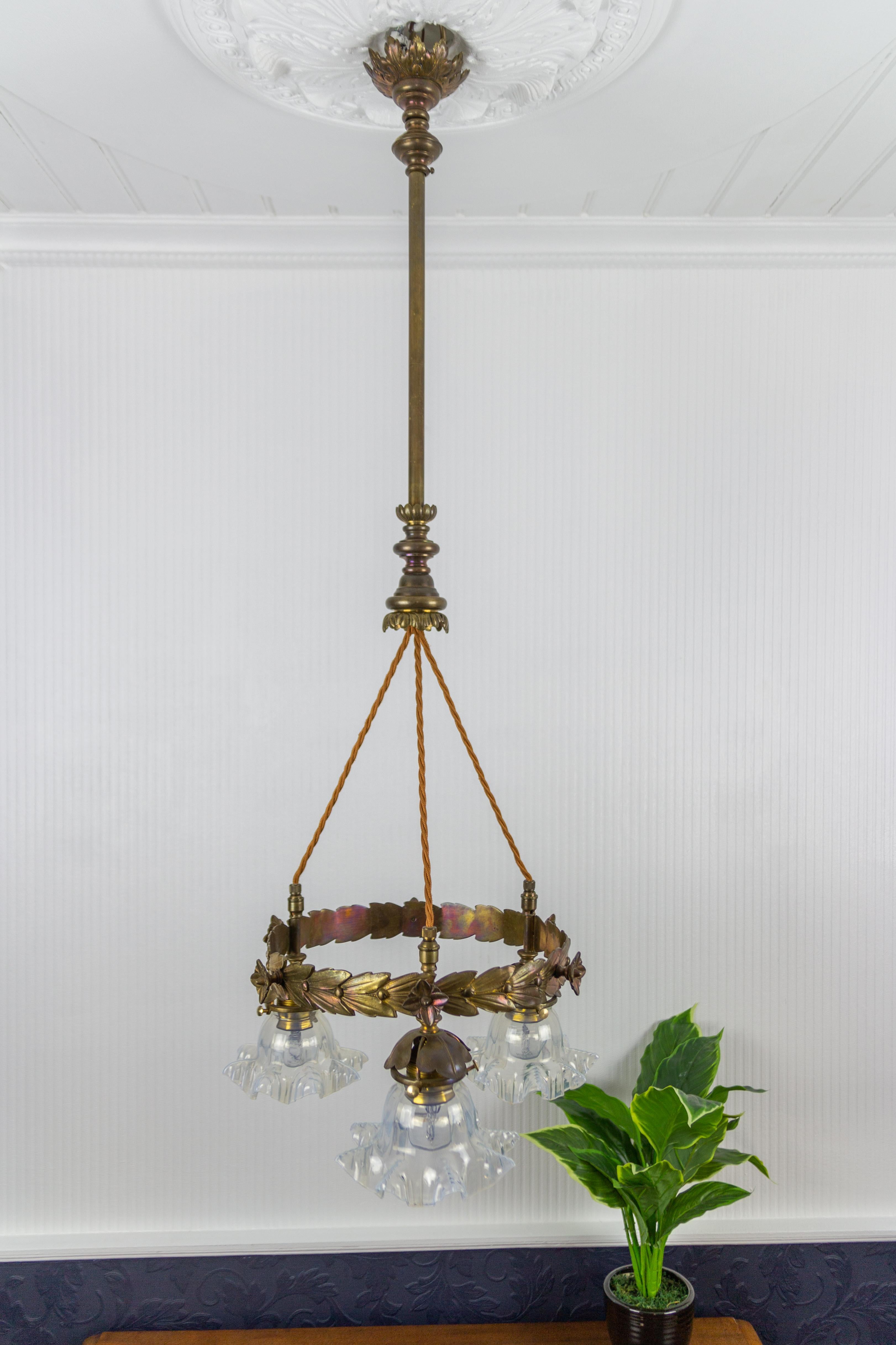 Art Nouveau Three-Light Brass and Glass Chandelier, Germany, 1920s 5