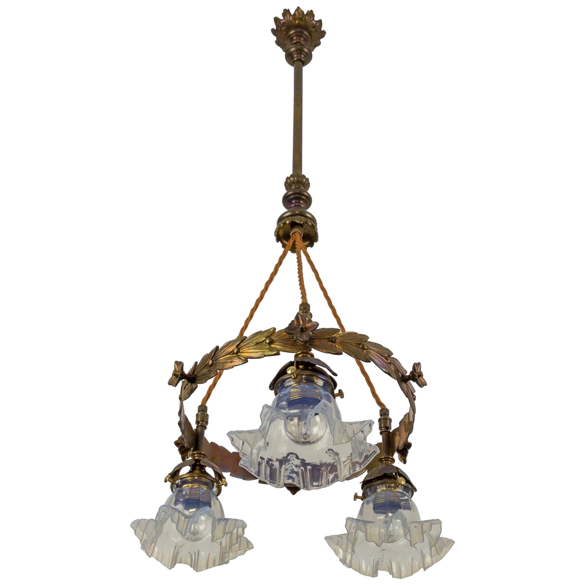 Art Nouveau Three-Light Brass and Glass Chandelier, Germany, 1920s
