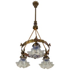 Art Nouveau Three-Light Brass and Glass Chandelier, Germany, 1920s